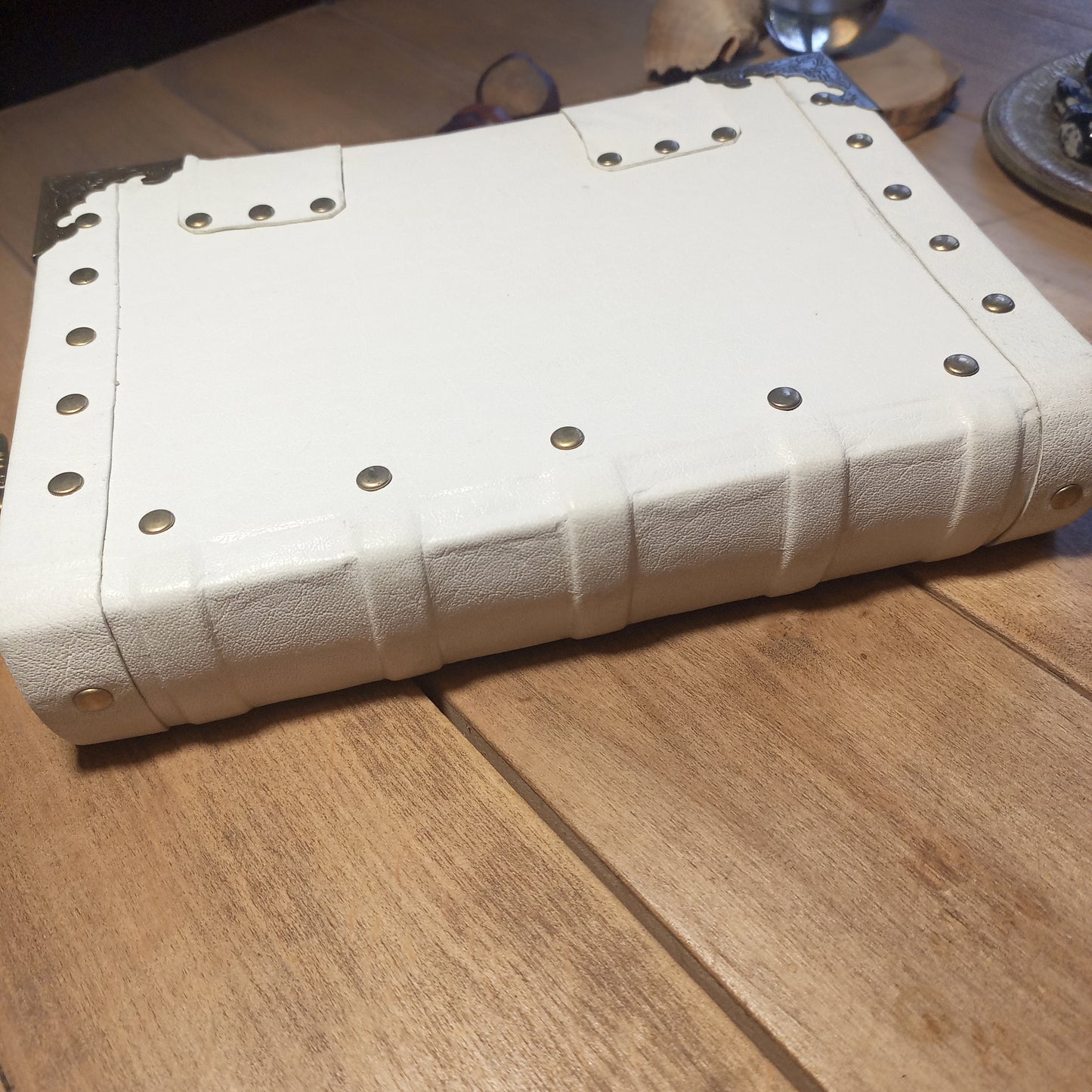 Vintage White Leather Journal with Antique Locks – Handmade Book of Shadows Aged Notebook