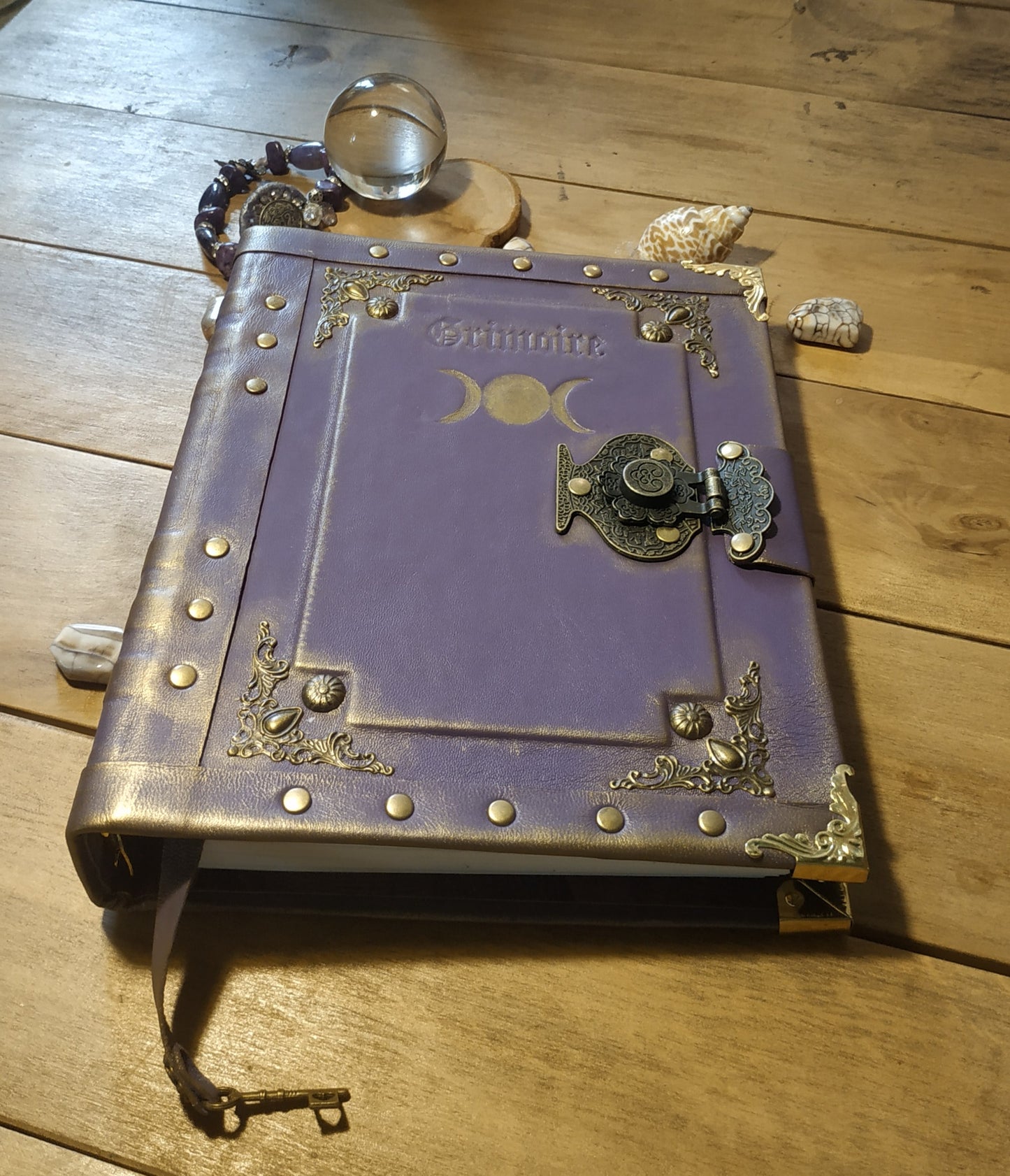 Triple Moon Goddess Purple Leather Grimoire – Handmade Refillable Journal with Ring Binder & Antique Lock
