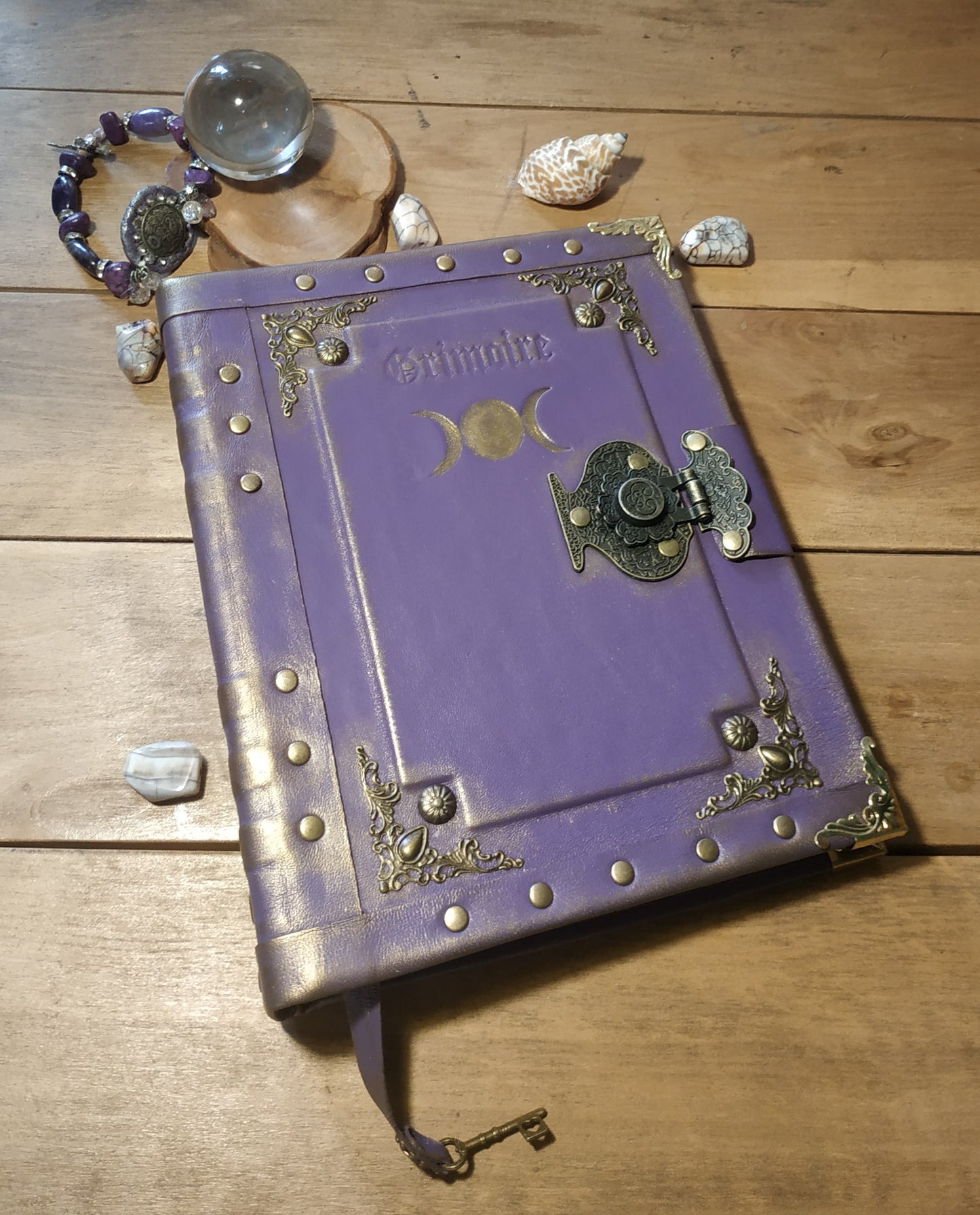 Triple Moon Goddess Purple Leather Grimoire – Handmade Refillable Journal with Ring Binder & Antique Lock