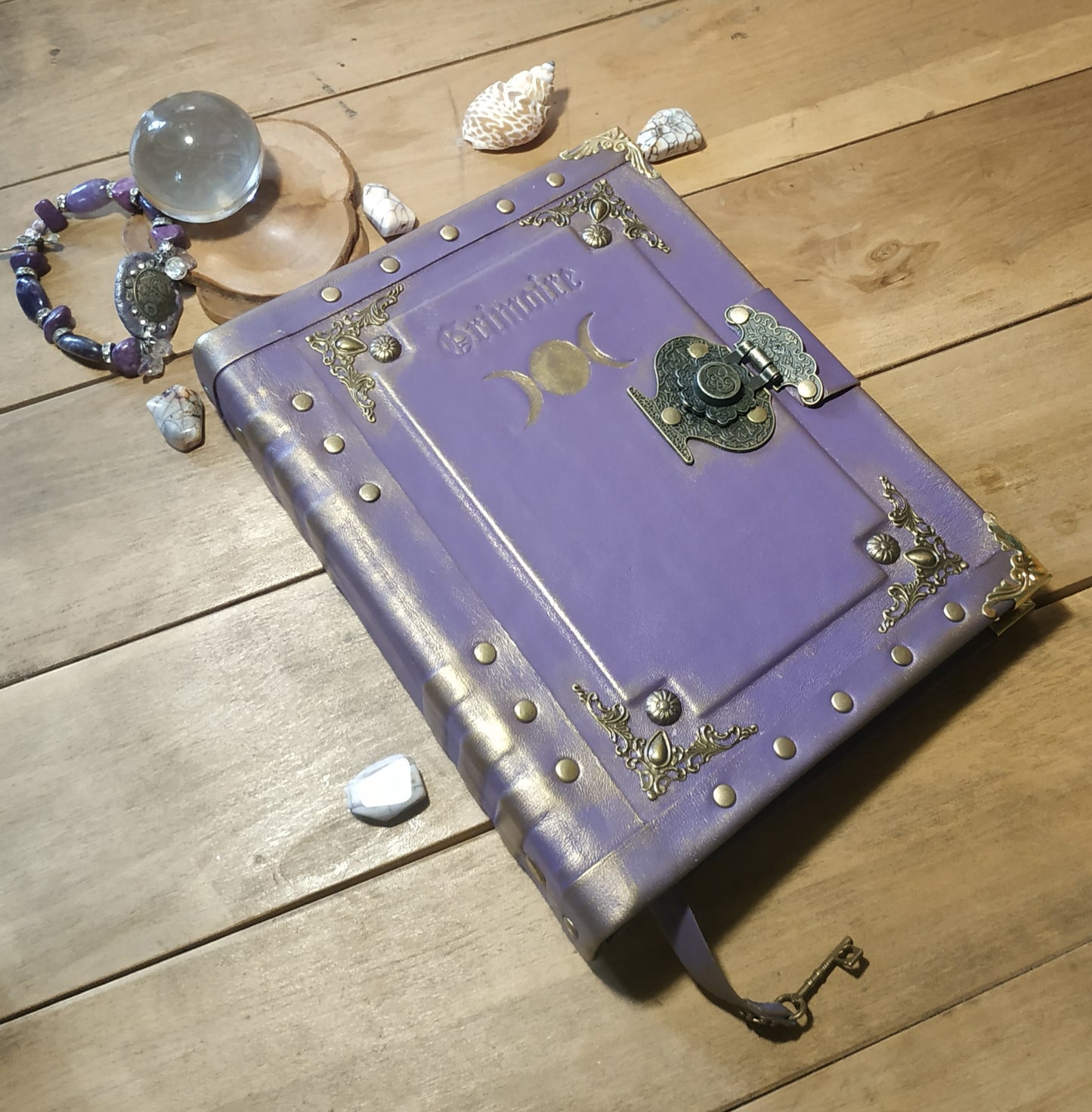 Triple Moon Goddess Purple Leather Grimoire – Handmade Refillable Journal with Ring Binder & Antique Lock