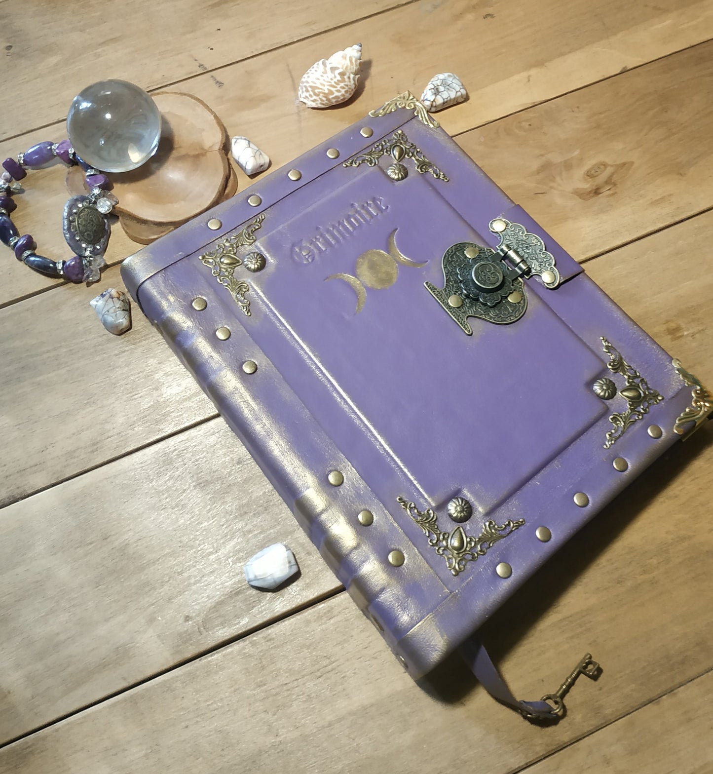 Triple Moon Goddess Purple Leather Grimoire – Handmade Refillable Journal with Ring Binder & Antique Lock