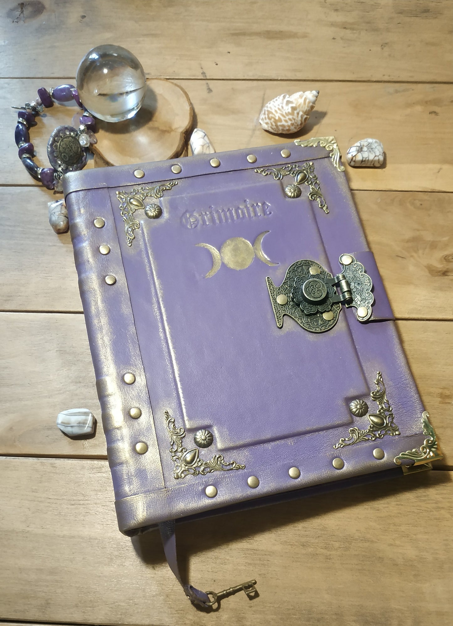 Triple Moon Goddess Purple Leather Grimoire – Handmade Refillable Journal with Ring Binder & Antique Lock