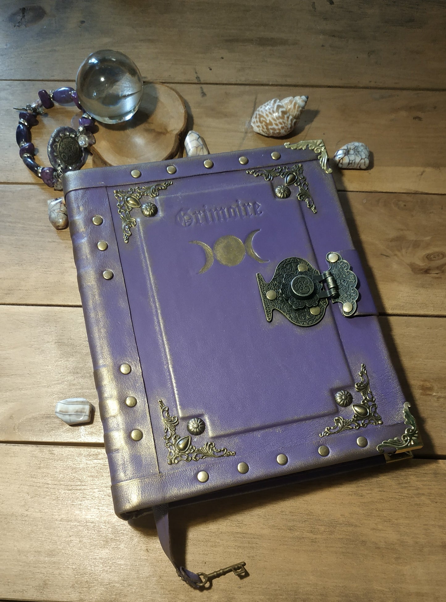 Triple Moon Goddess Purple Leather Grimoire – Handmade Refillable Journal with Ring Binder & Antique Lock