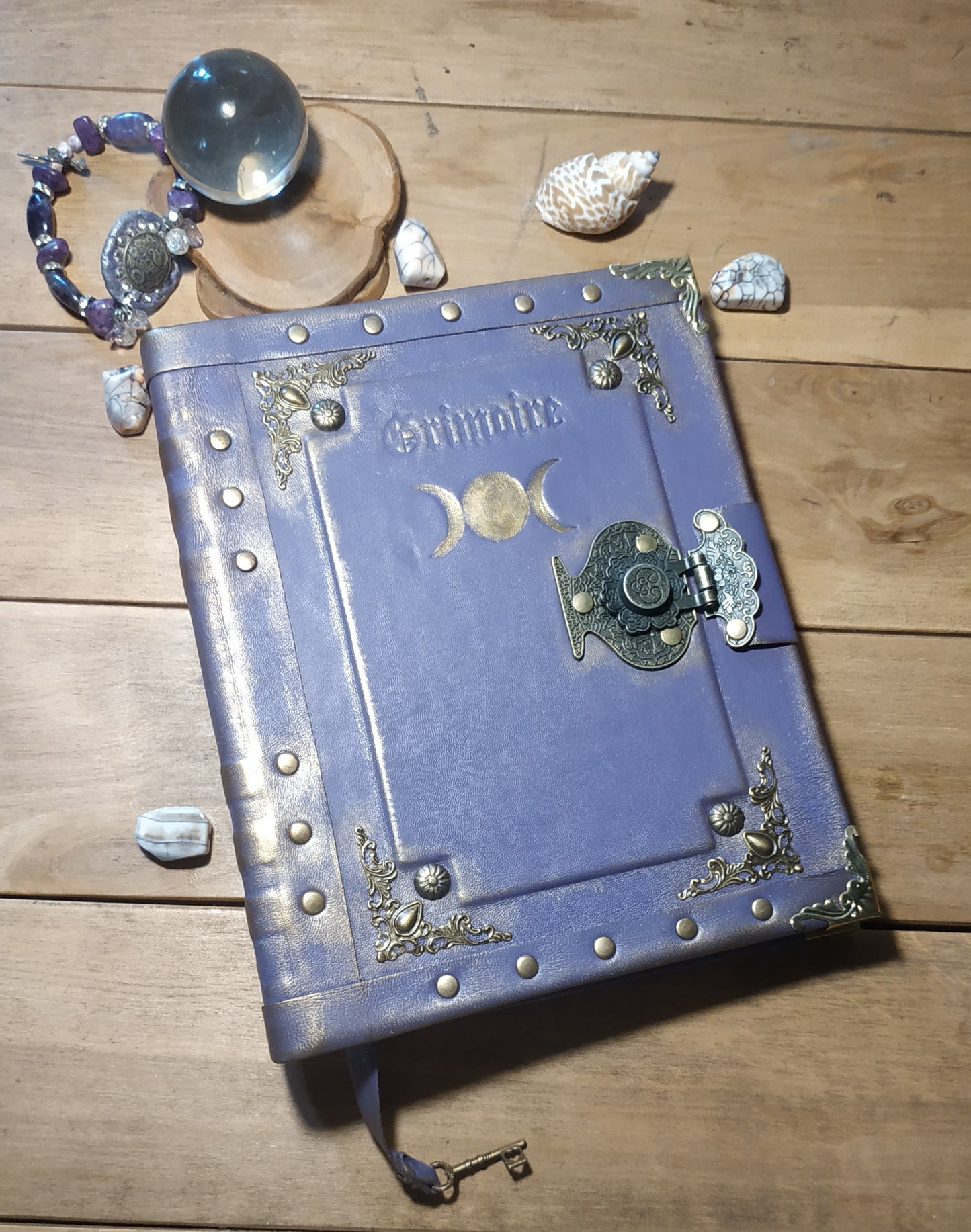 Triple Moon Goddess Purple Leather Grimoire – Handmade Refillable Journal with Ring Binder & Antique Lock