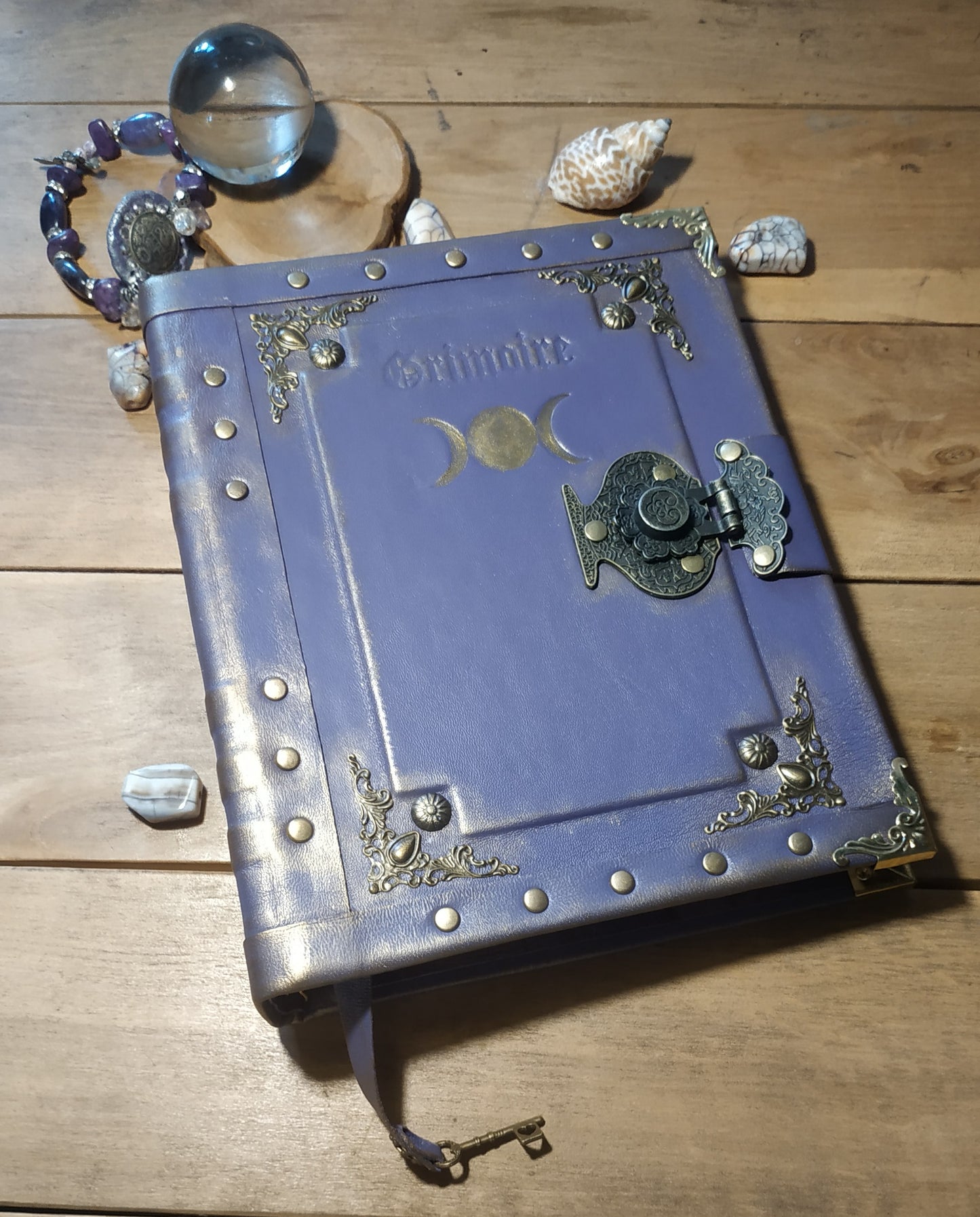 Triple Moon Goddess Purple Leather Grimoire – Handmade Refillable Journal with Ring Binder & Antique Lock