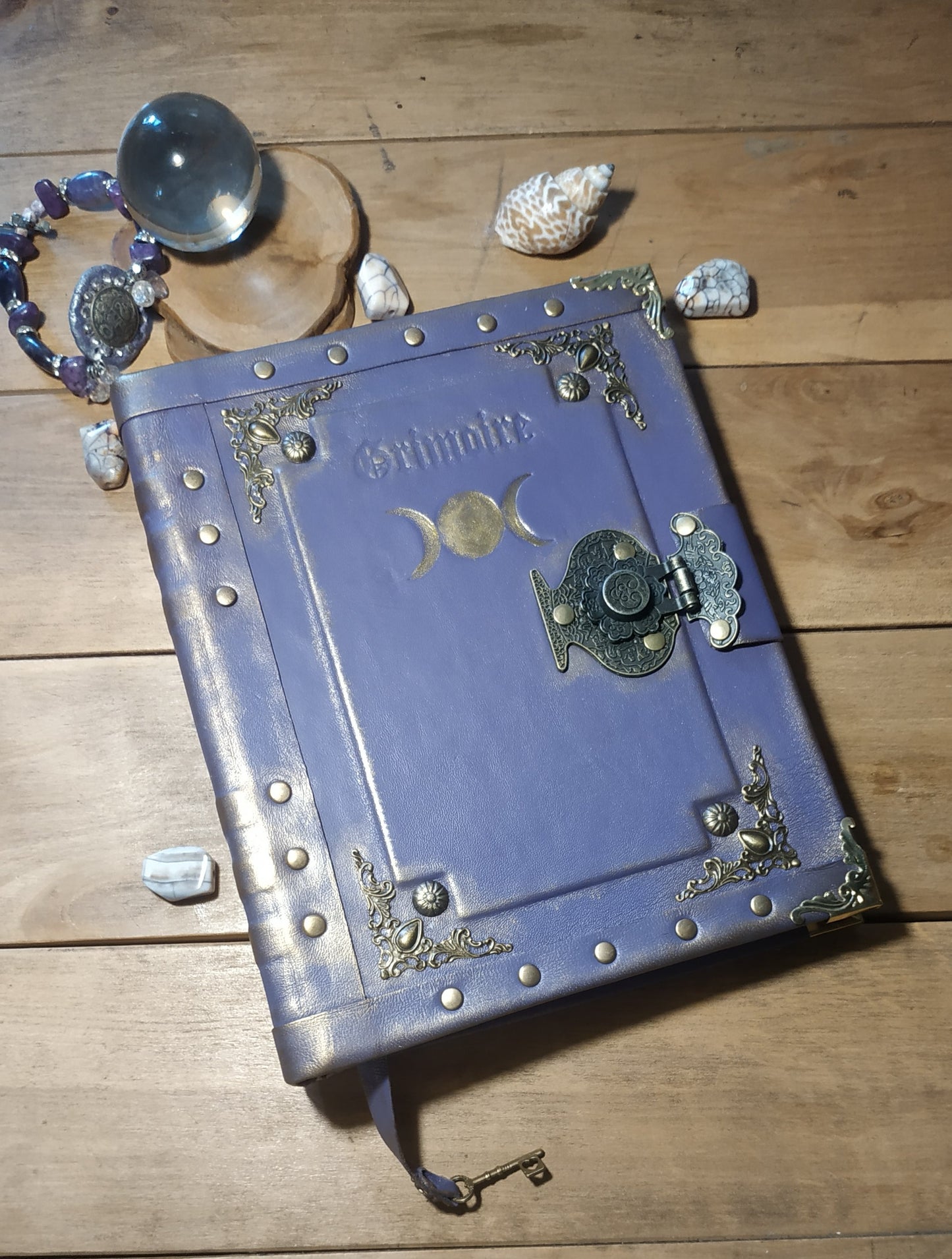 Triple Moon Goddess Purple Leather Grimoire – Handmade Refillable Journal with Ring Binder & Antique Lock