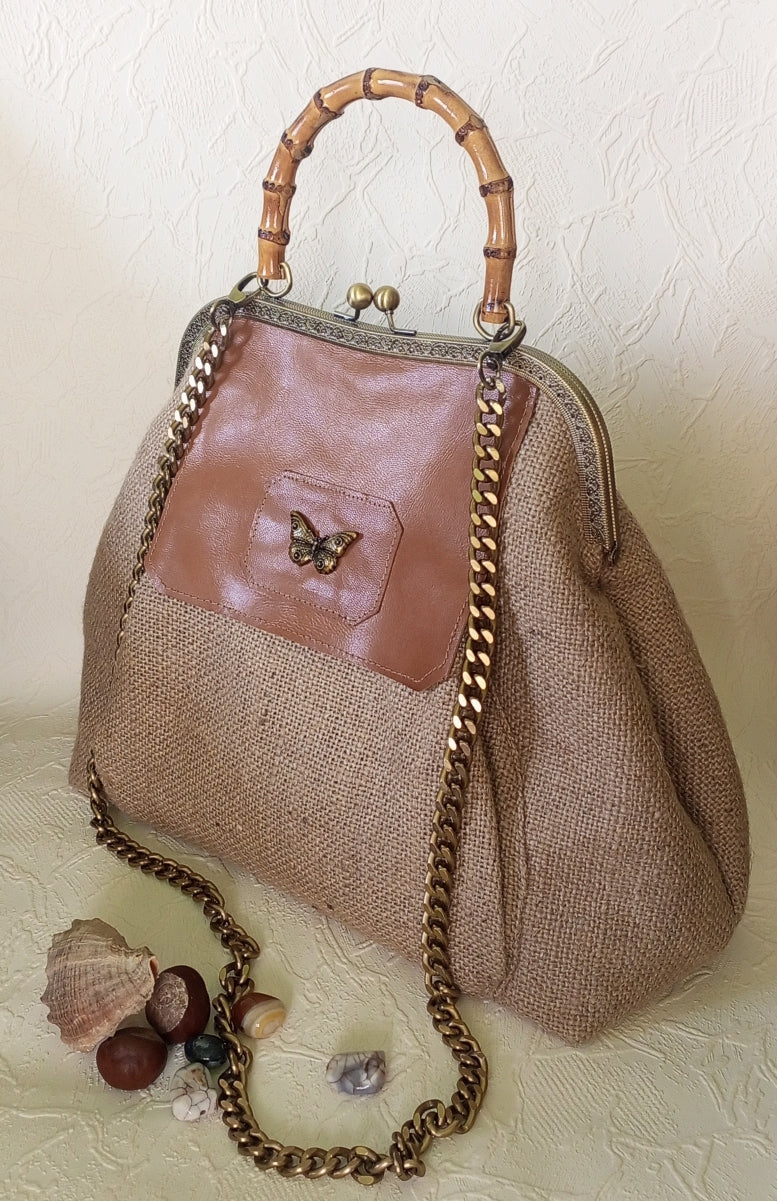Rustic Canvas Kisslock Bag with Leather Flap & Brass Butterfly – Vintage Frame Handbag with Chain Strap, Handmade Boho Purse