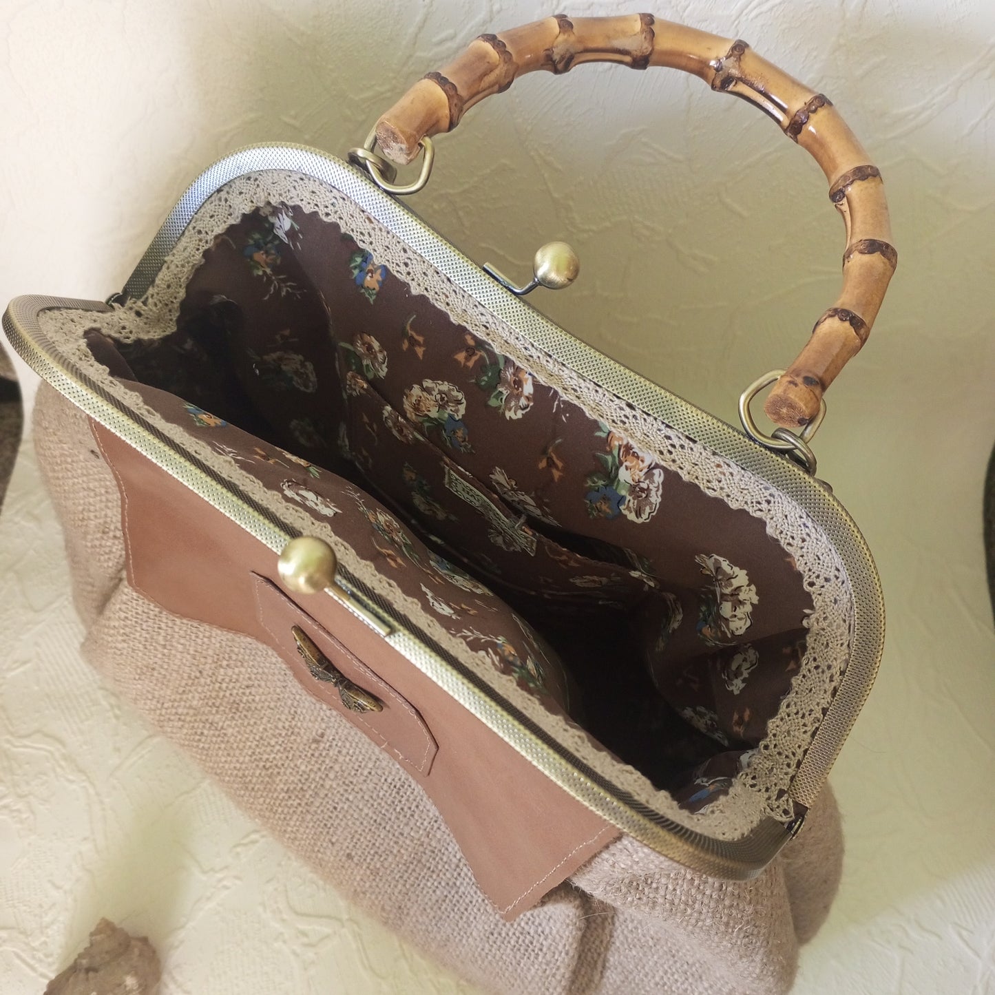 Rustic Canvas Kisslock Bag with Leather Flap & Brass Butterfly – Vintage Frame Handbag with Chain Strap, Handmade Boho Purse