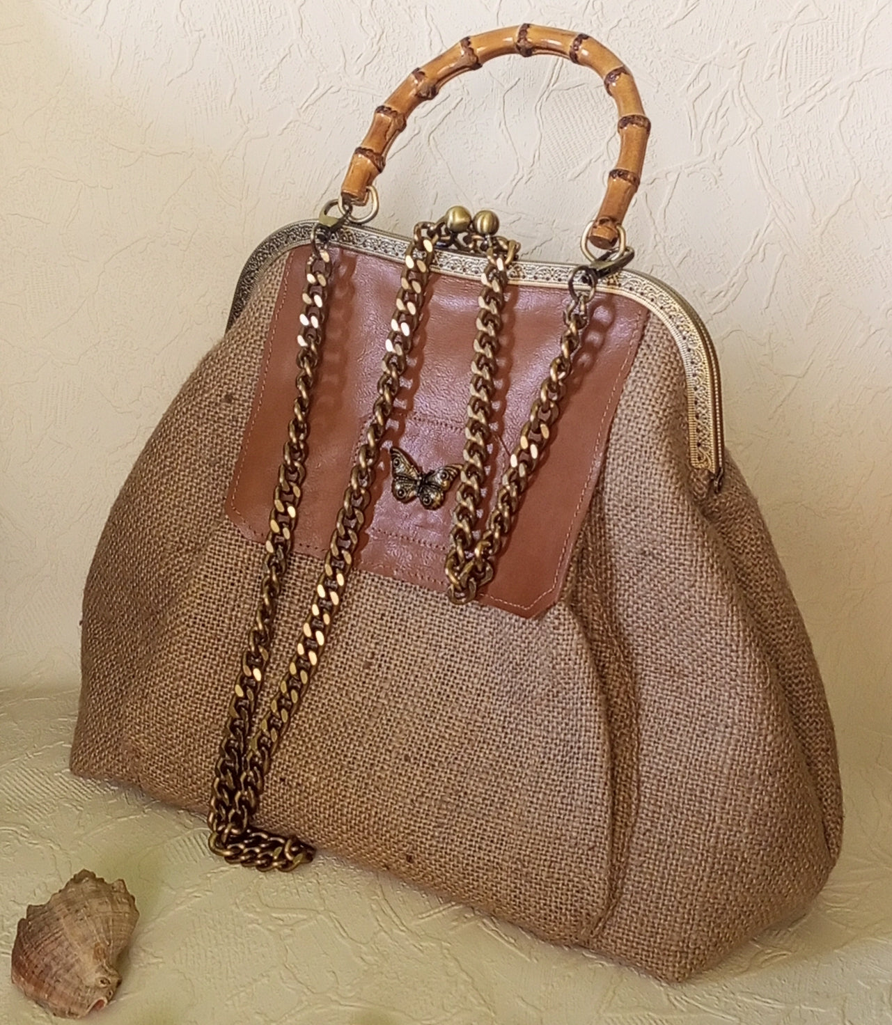 Rustic Canvas Kisslock Bag with Leather Flap & Brass Butterfly – Vintage Frame Handbag with Chain Strap, Handmade Boho Purse