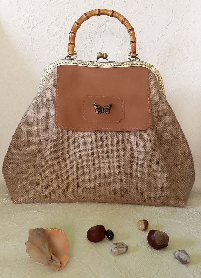 Rustic Canvas Kisslock Bag with Leather Flap & Brass Butterfly – Vintage Frame Handbag with Chain Strap, Handmade Boho Purse