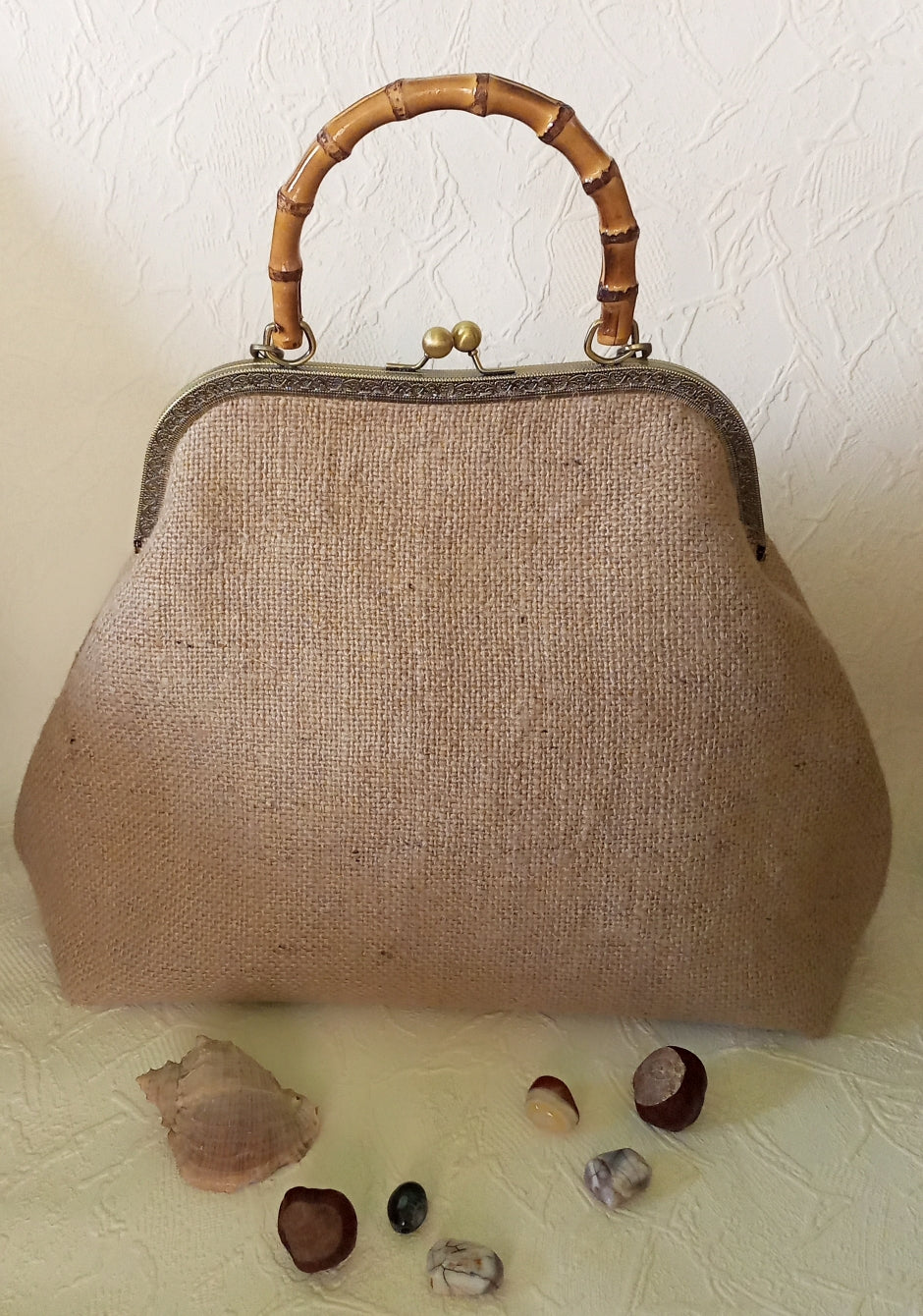 Rustic Canvas Kisslock Bag with Leather Flap & Brass Butterfly – Vintage Frame Handbag with Chain Strap, Handmade Boho Purse