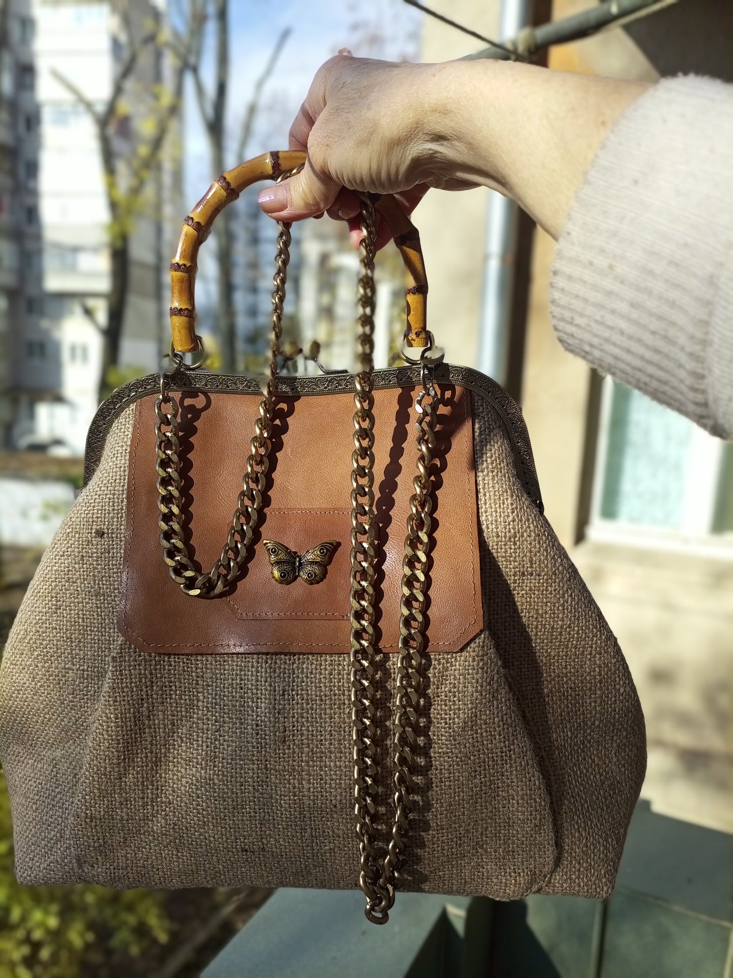 Rustic Canvas Kisslock Bag with Leather Flap & Brass Butterfly – Vintage Frame Handbag with Chain Strap, Handmade Boho Purse