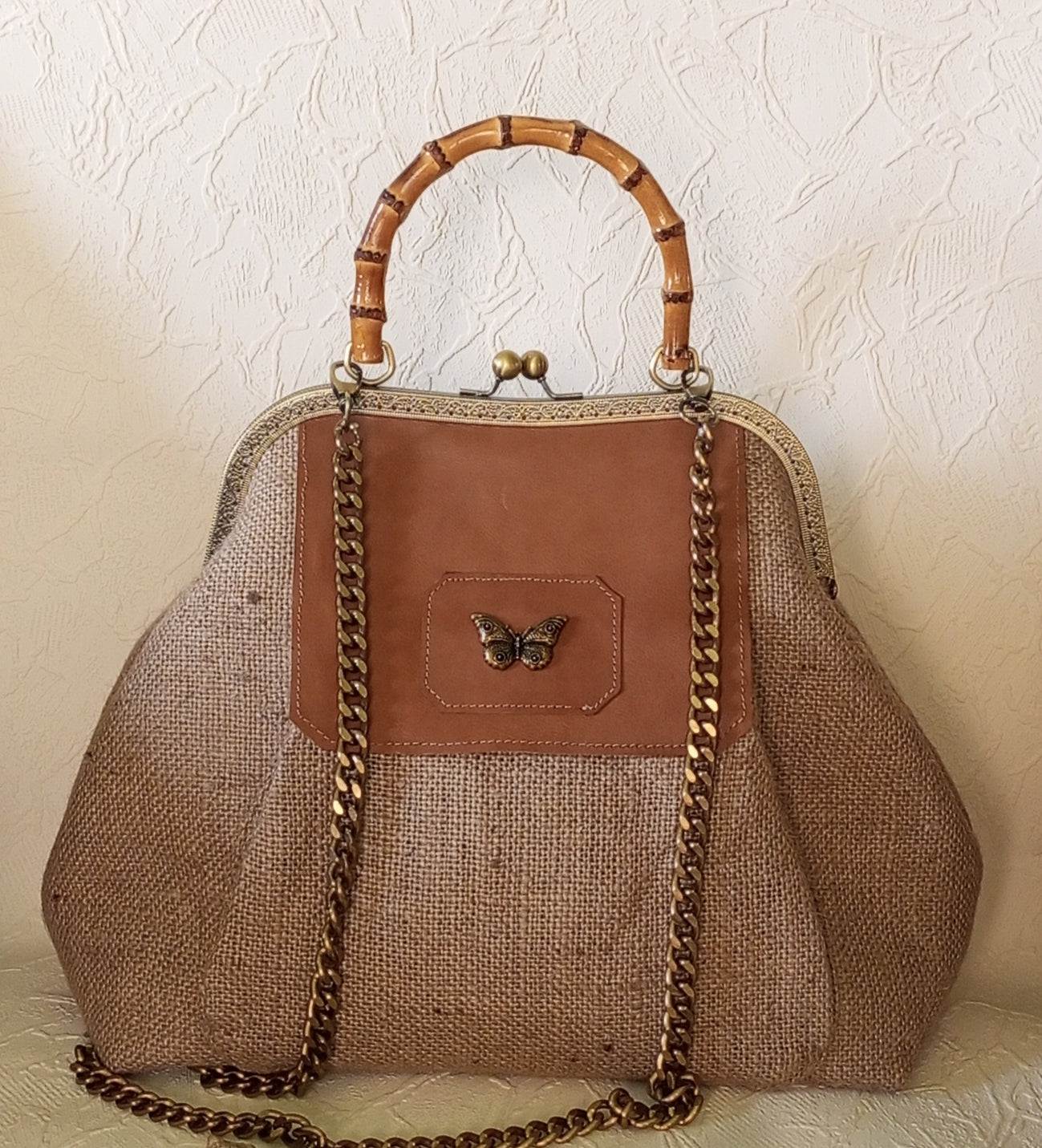 Rustic Canvas Kisslock Bag with Leather Flap & Brass Butterfly – Vintage Frame Handbag with Chain Strap, Handmade Boho Purse