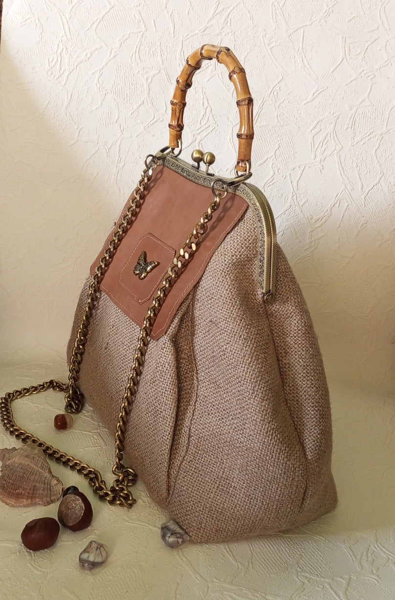 Rustic Canvas Kisslock Bag with Leather Flap & Brass Butterfly – Vintage Frame Handbag with Chain Strap, Handmade Boho Purse