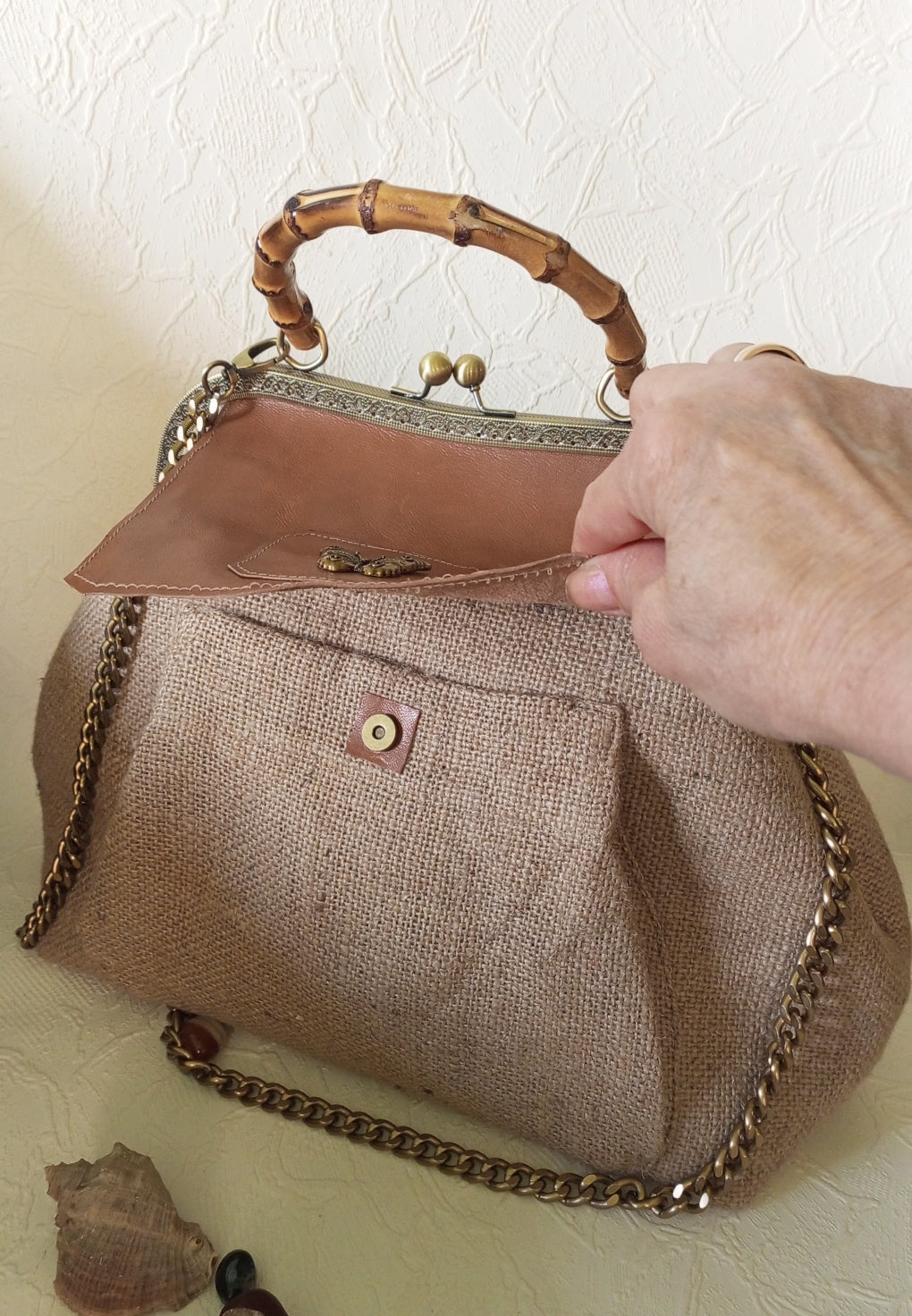 Rustic Canvas Kisslock Bag with Leather Flap & Brass Butterfly – Vintage Frame Handbag with Chain Strap, Handmade Boho Purse