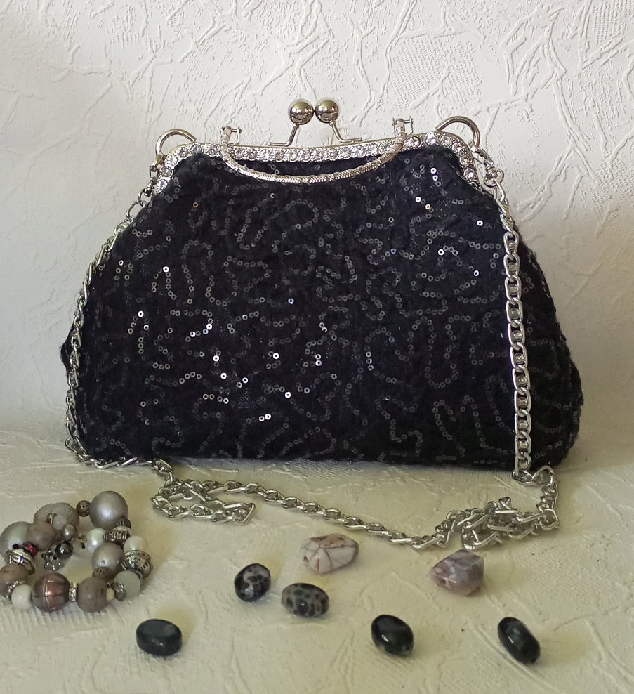 OOAK Black Sequin Kisslock Bag – Vintage Jacquard Clasp Frame Evening Purse with Chain Strap Handmade Party Handbag