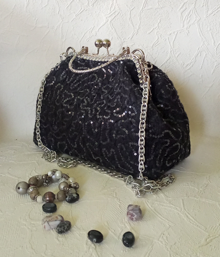 OOAK Black Sequin Kisslock Bag – Vintage Jacquard Clasp Frame Evening Purse with Chain Strap Handmade Party Handbag