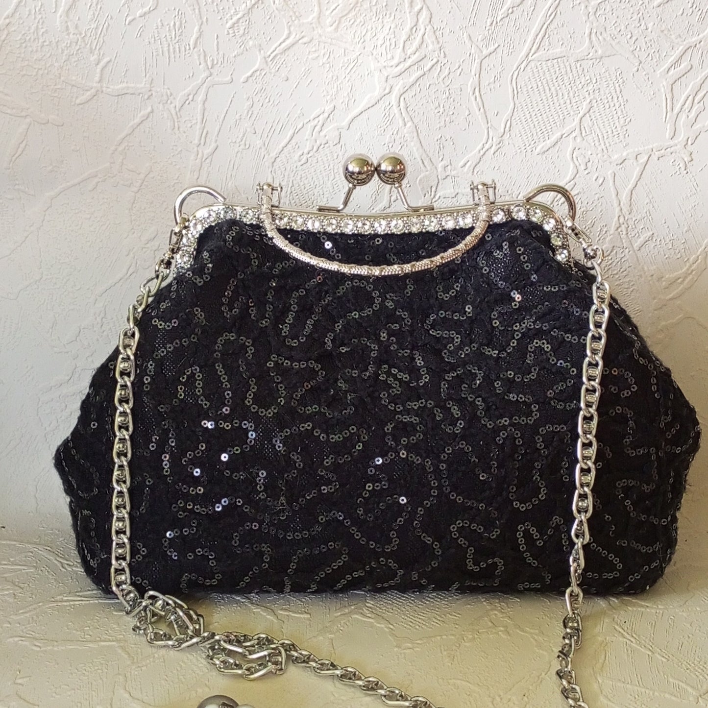 OOAK Black Sequin Kisslock Bag – Vintage Jacquard Clasp Frame Evening Purse with Chain Strap Handmade Party Handbag