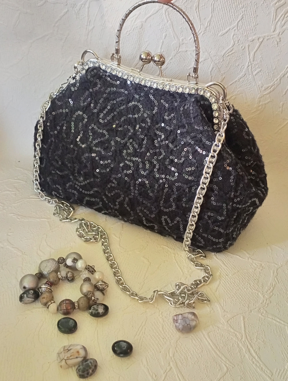 OOAK Black Sequin Kisslock Bag – Vintage Jacquard Clasp Frame Evening Purse with Chain Strap Handmade Party Handbag