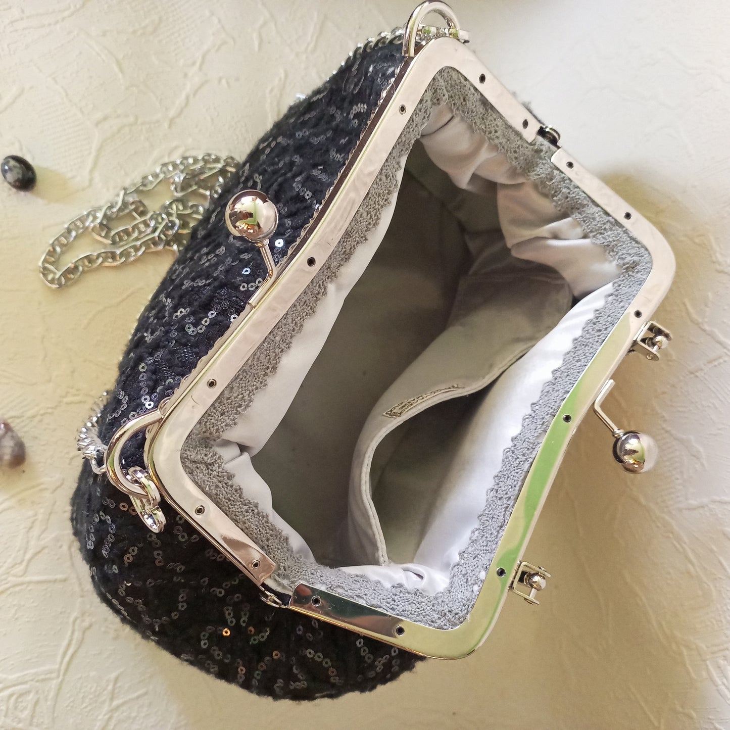 OOAK Black Sequin Kisslock Bag – Vintage Jacquard Clasp Frame Evening Purse with Chain Strap Handmade Party Handbag