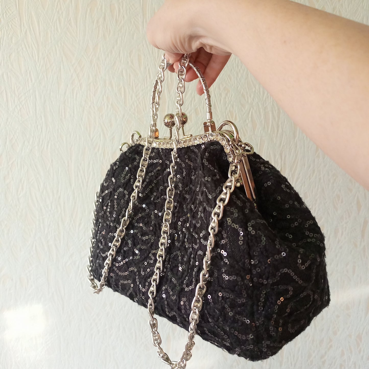 OOAK Black Sequin Kisslock Bag – Vintage Jacquard Clasp Frame Evening Purse with Chain Strap Handmade Party Handbag