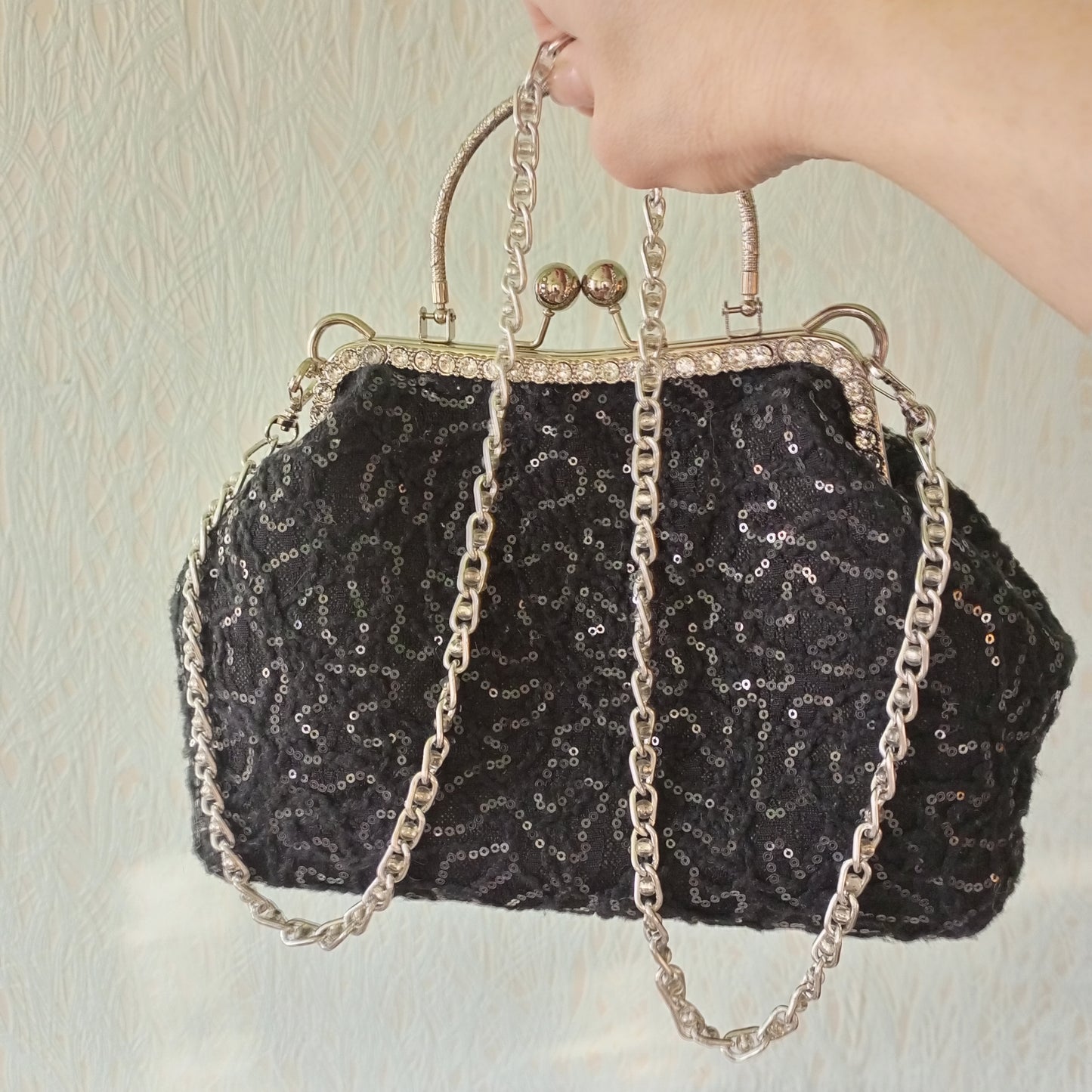 OOAK Black Sequin Kisslock Bag – Vintage Jacquard Clasp Frame Evening Purse with Chain Strap Handmade Party Handbag