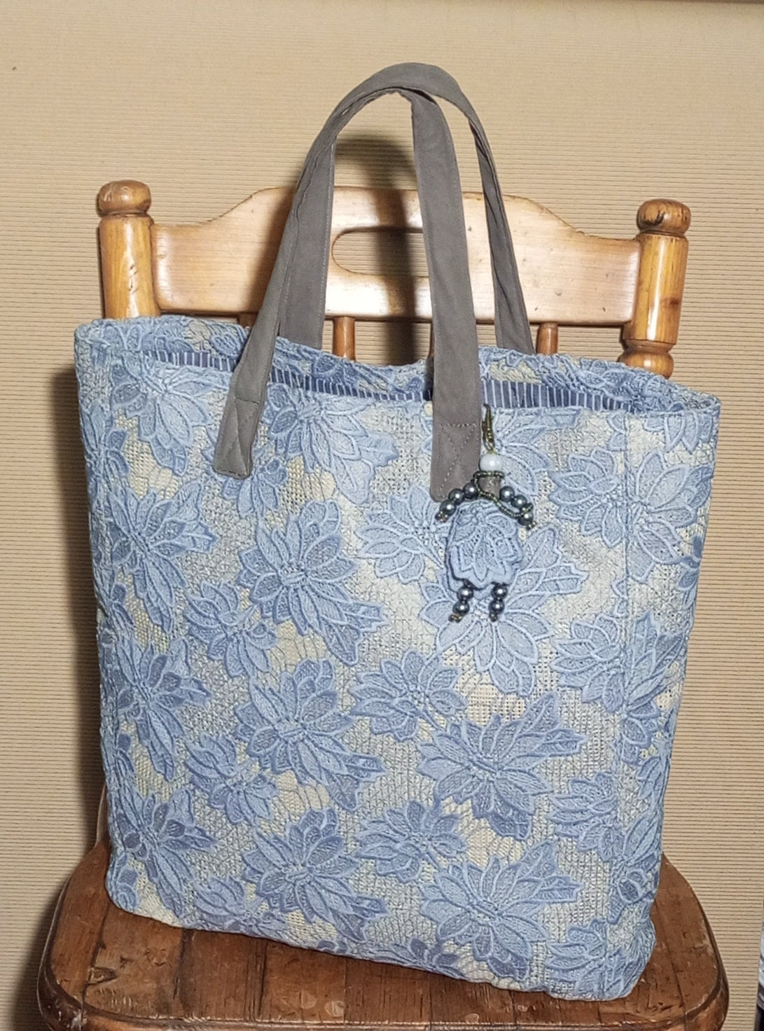 Blue Guipure Lace Tote Bag – Boho Market Tote Lace Bag with Leather Handles