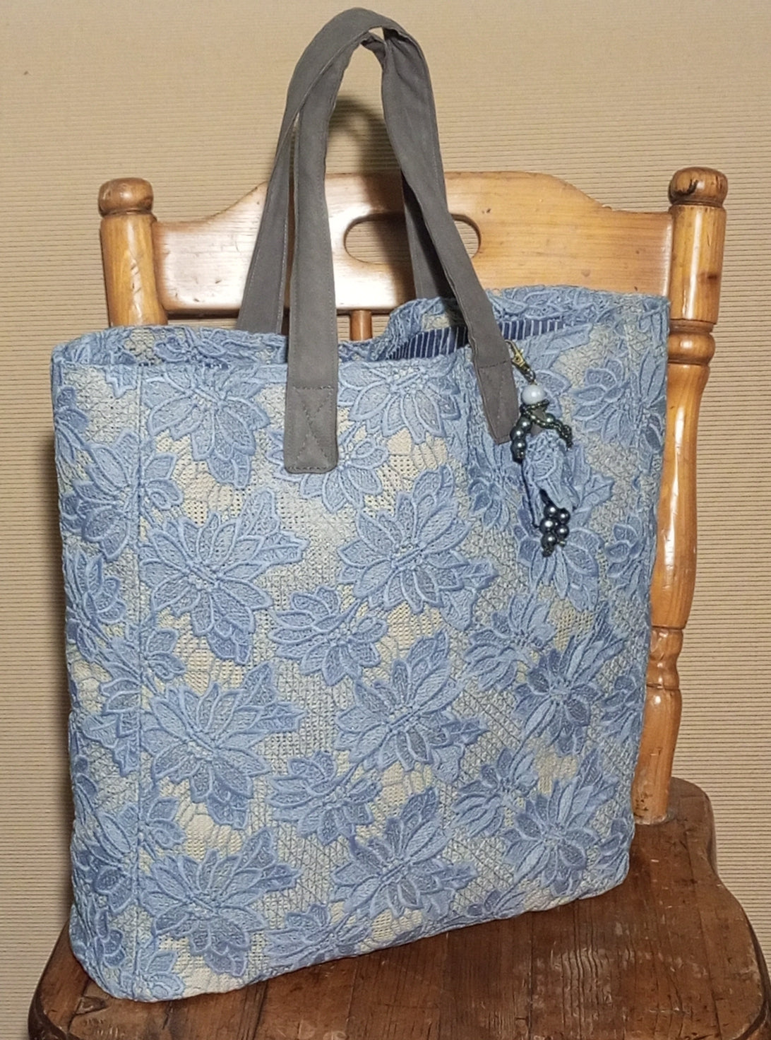 Blue Guipure Lace Tote Bag – Boho Market Tote Lace Bag with Leather Handles