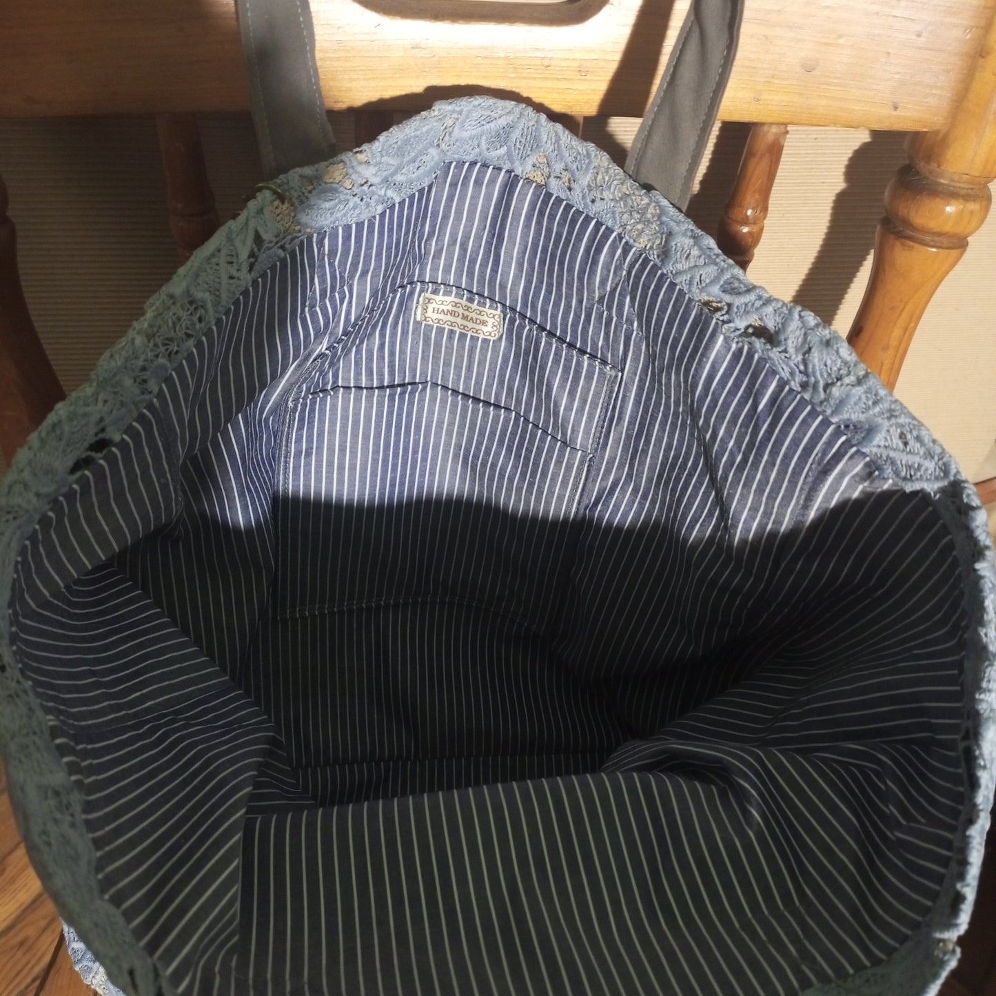 Blue Guipure Lace Tote Bag – Boho Market Tote Lace Bag with Leather Handles