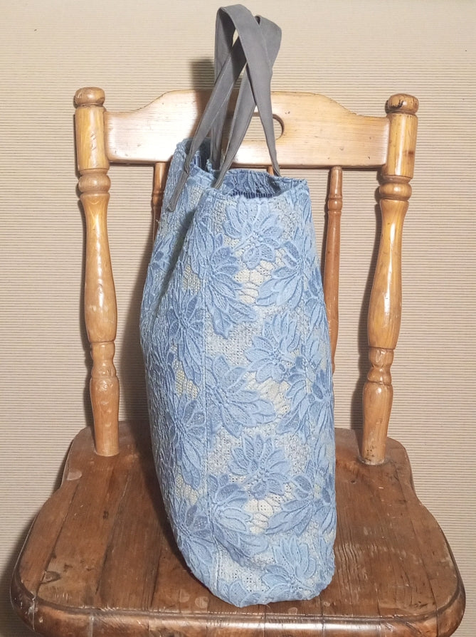 Blue Guipure Lace Tote Bag – Boho Market Tote Lace Bag with Leather Handles