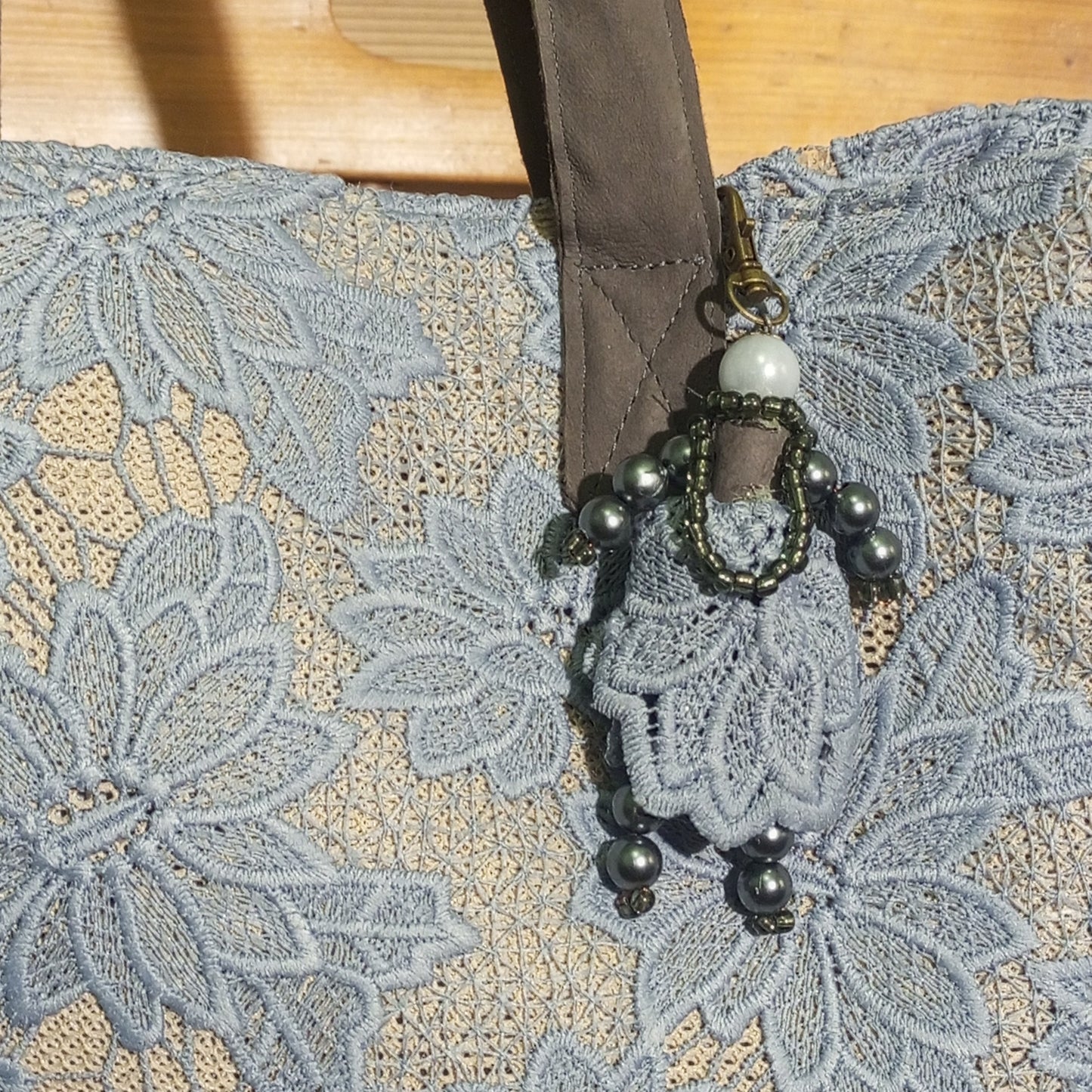 Blue Guipure Lace Tote Bag – Boho Market Tote Lace Bag with Leather Handles