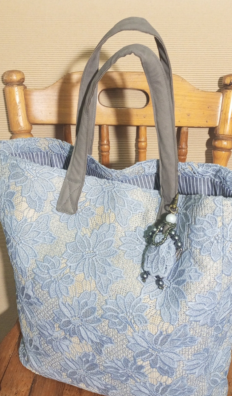 Blue Guipure Lace Tote Bag – Boho Market Tote Lace Bag with Leather Handles