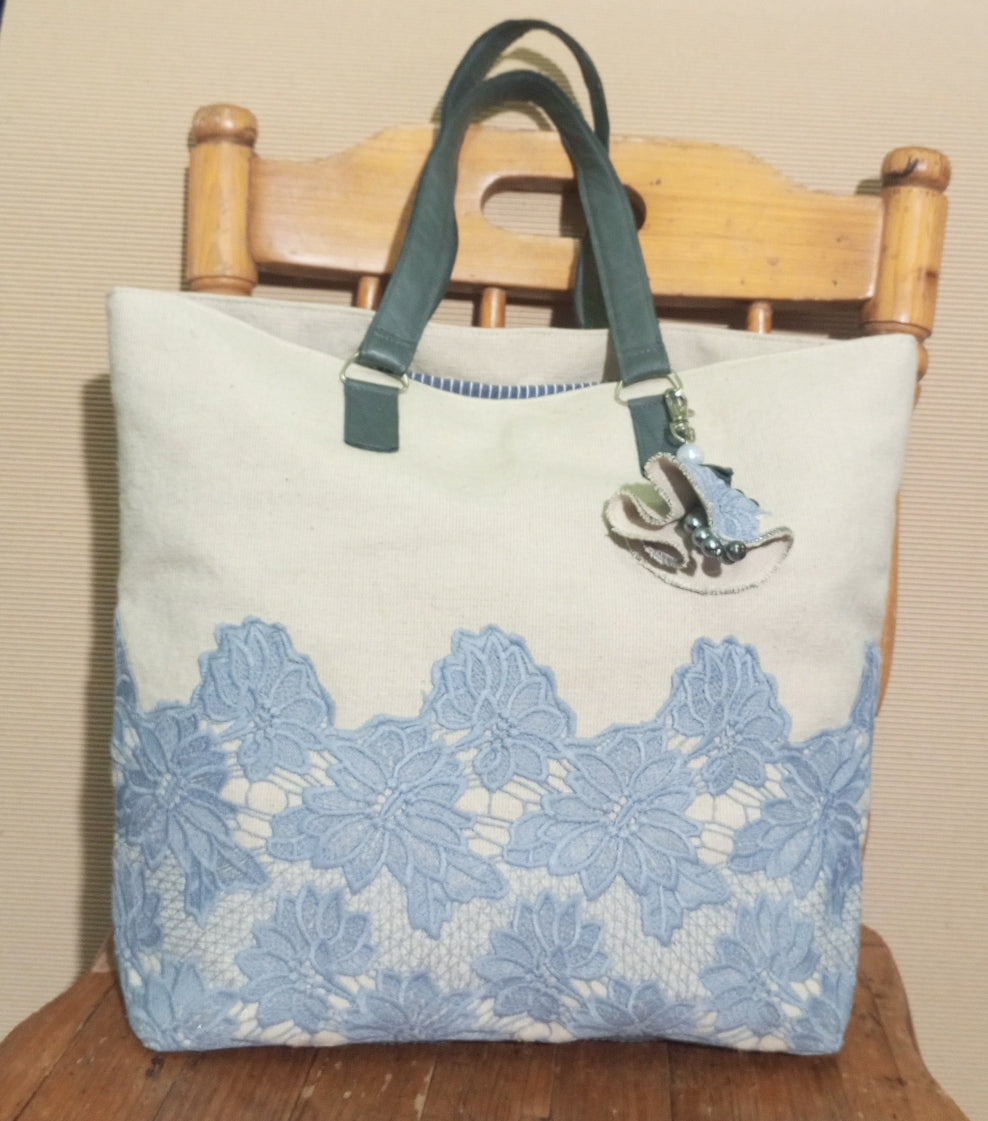 Blue Guipure Lace Tote Bag – Boho Canvas Market Bag with Leather Handles, Romantic Summer Beach Handbag