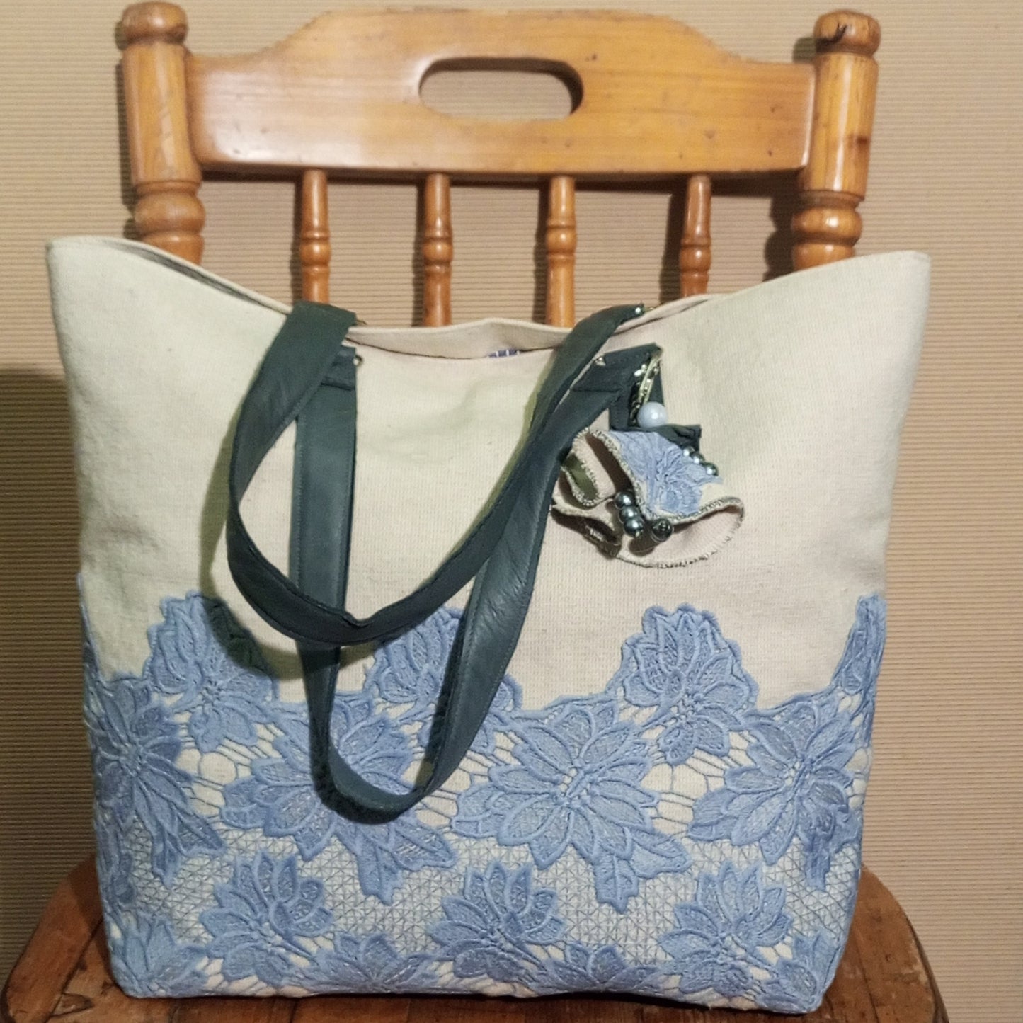 Blue Guipure Lace Tote Bag – Boho Canvas Market Bag with Leather Handles, Romantic Summer Beach Handbag