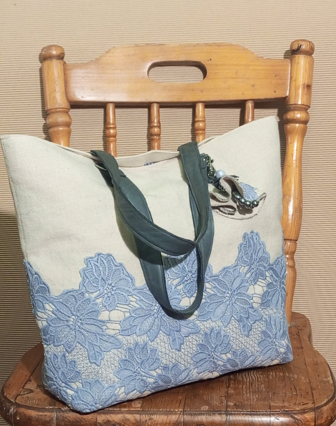 Blue Guipure Lace Tote Bag – Boho Canvas Market Bag with Leather Handles, Romantic Summer Beach Handbag