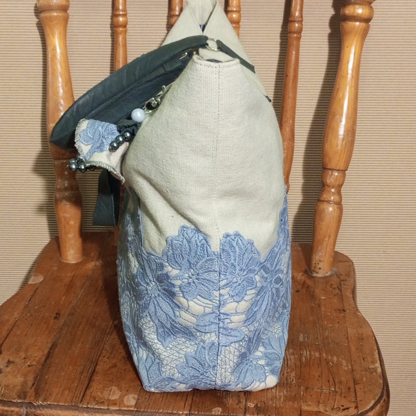 Blue Guipure Lace Tote Bag – Boho Canvas Market Bag with Leather Handles, Romantic Summer Beach Handbag