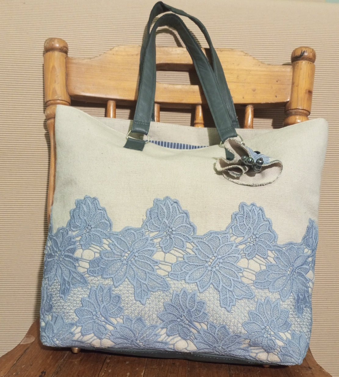 Blue Guipure Lace Tote Bag – Boho Canvas Market Bag with Leather Handles, Romantic Summer Beach Handbag