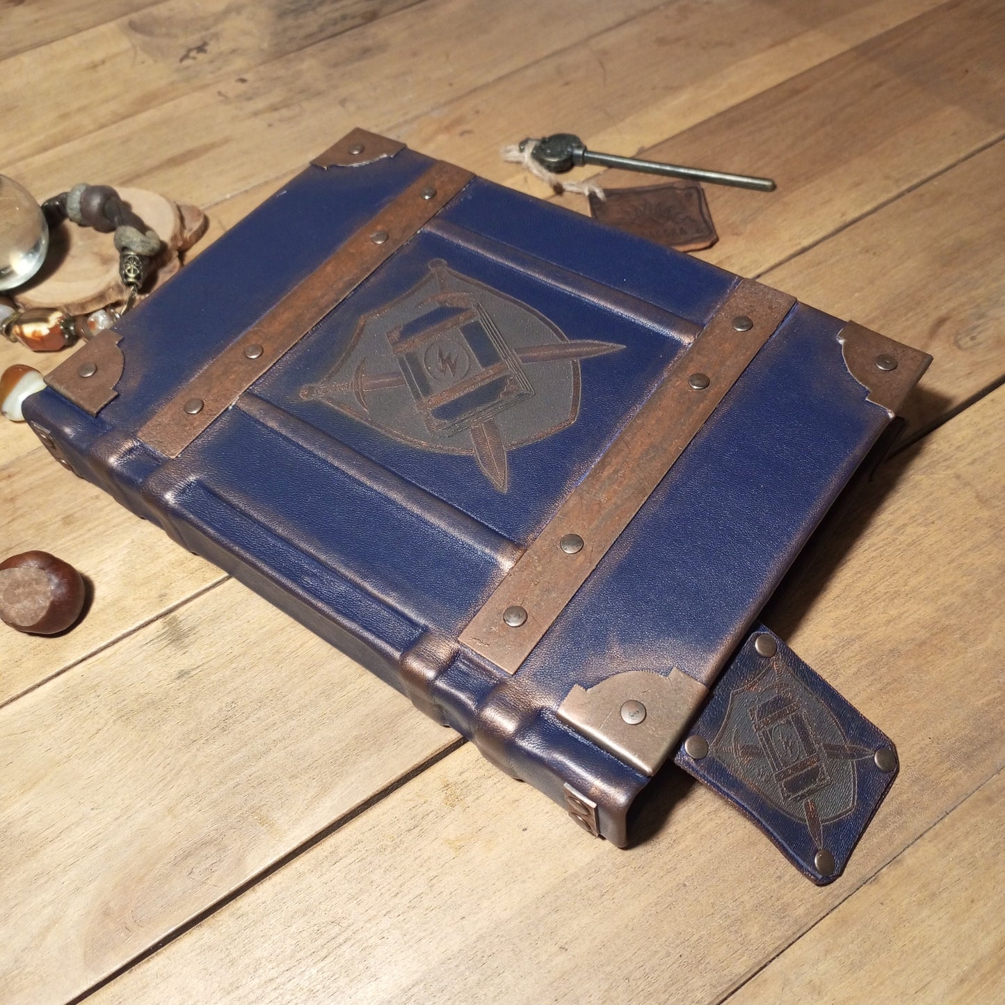 Dark Blue Vintage Grimoire Leather Journal – Handmade Spell Book with Aged Pages & Custom Engraving