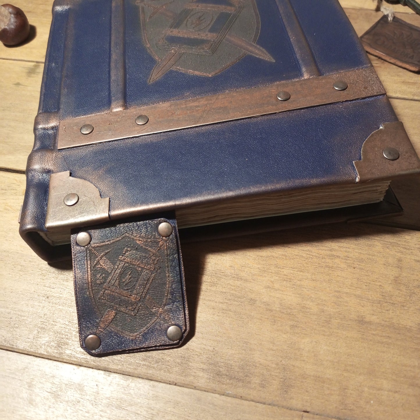 Dark Blue Vintage Grimoire Leather Journal – Handmade Spell Book with Aged Pages & Custom Engraving
