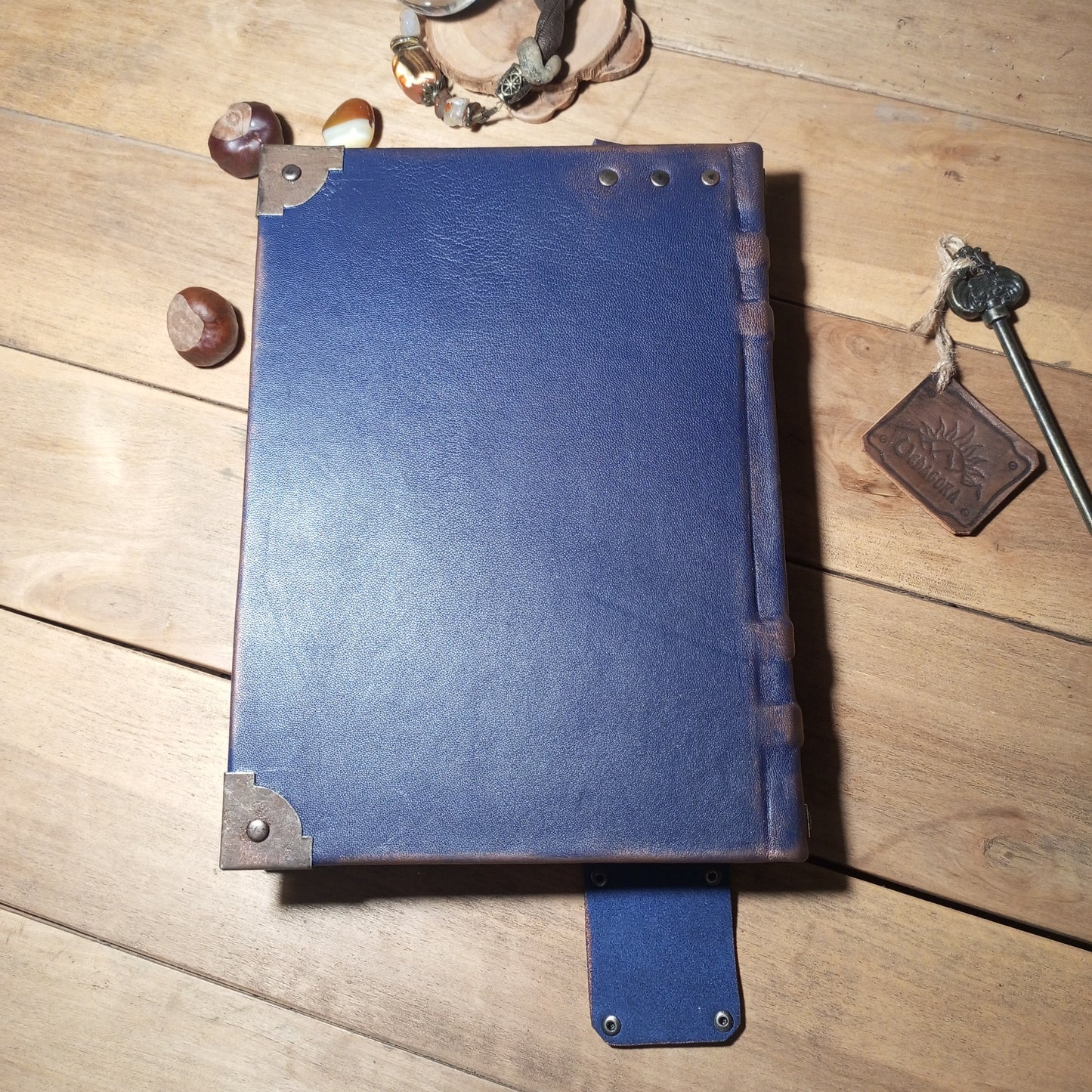 Dark Blue Vintage Grimoire Leather Journal – Handmade Spell Book with Aged Pages & Custom Engraving