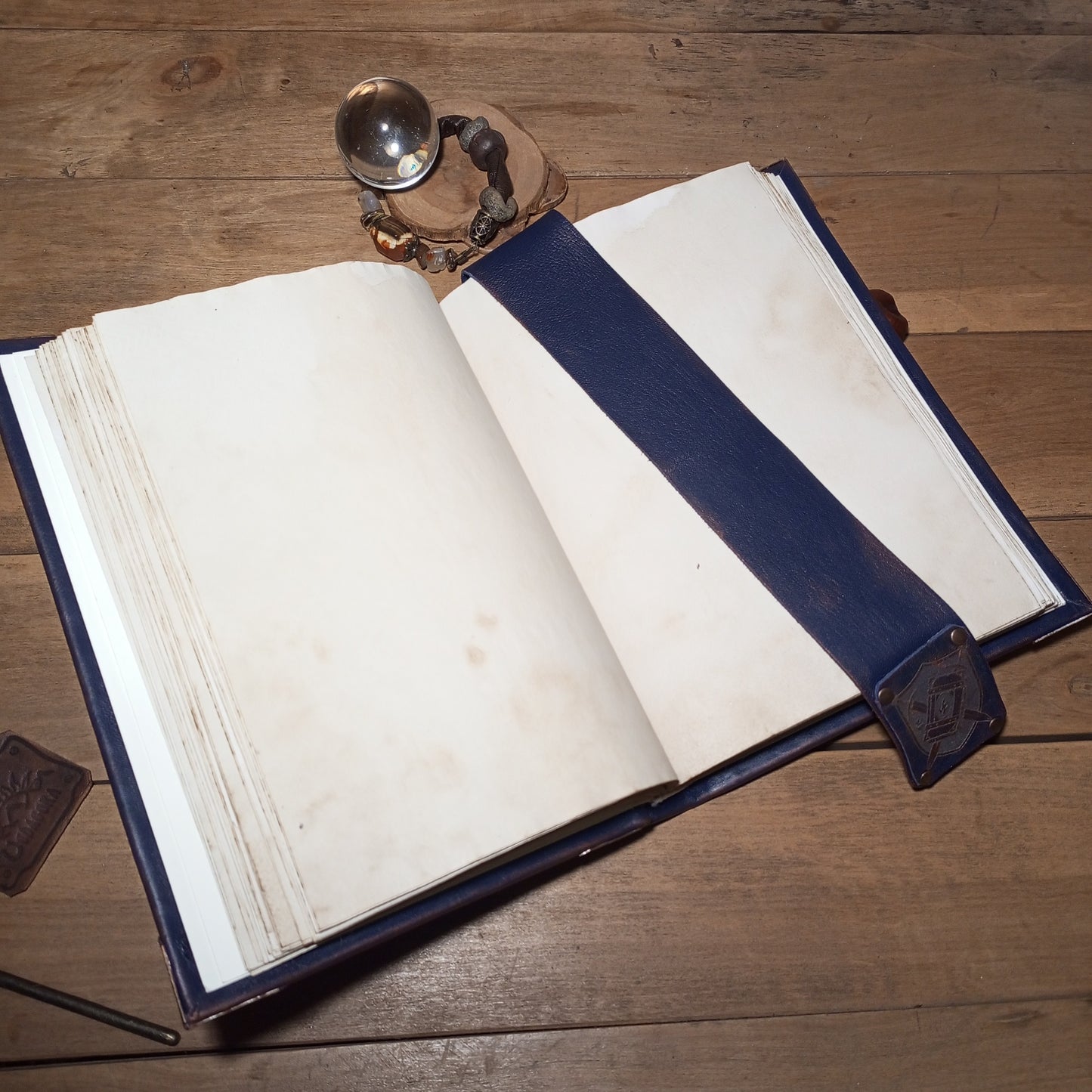 Dark Blue Vintage Grimoire Leather Journal – Handmade Spell Book with Aged Pages & Custom Engraving