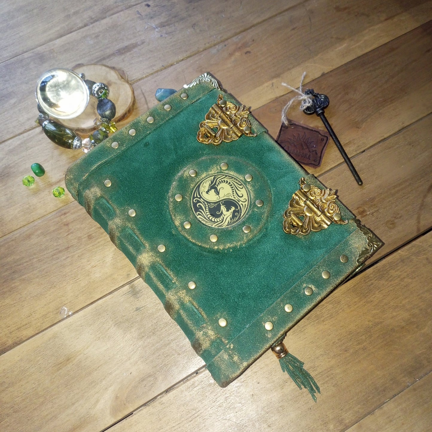 Handmade Green Suede Leather Journal with Yin Yang Symbol – Vintage Aged Notebook Leather Grimoire
