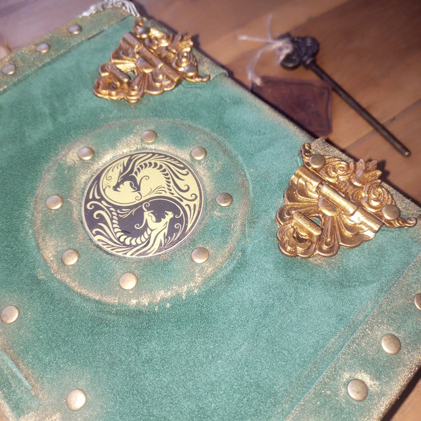 Handmade Green Suede Leather Journal with Yin Yang Symbol – Vintage Aged Notebook Leather Grimoire