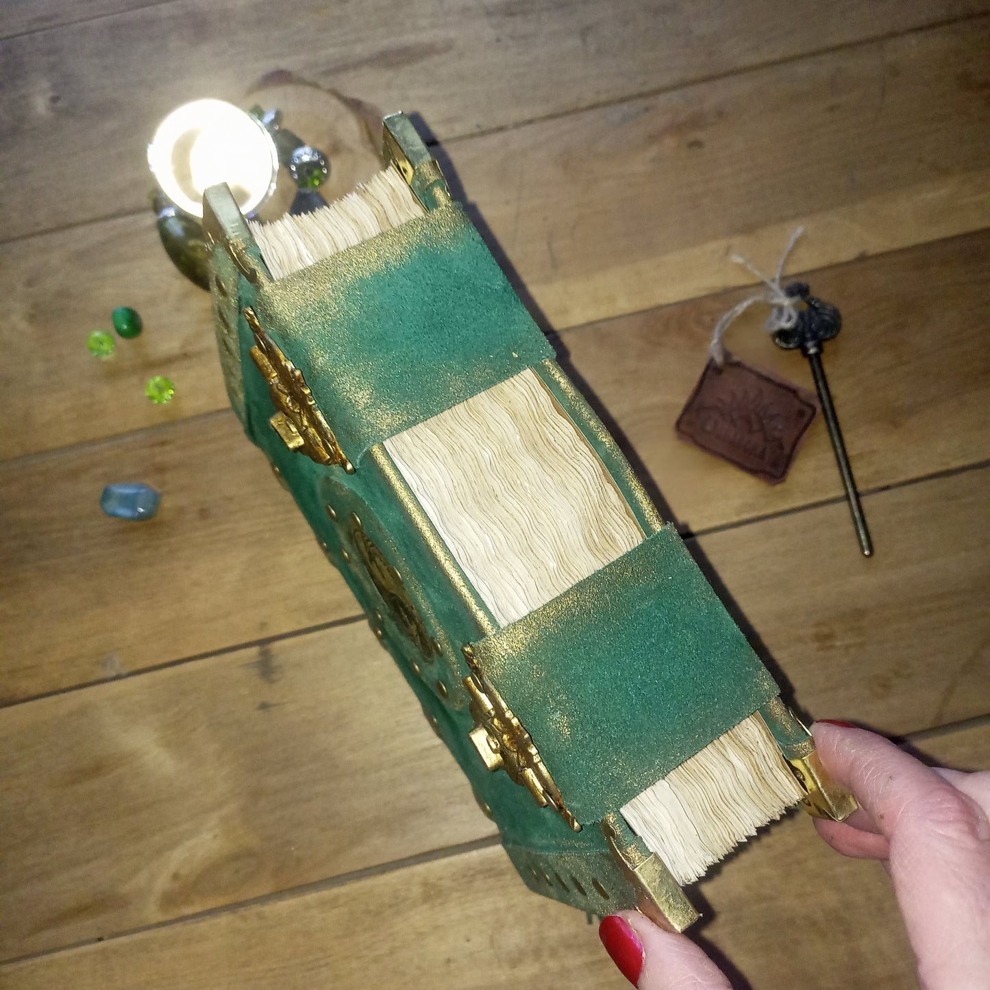 Handmade Green Suede Leather Journal with Yin Yang Symbol – Vintage Aged Notebook Leather Grimoire