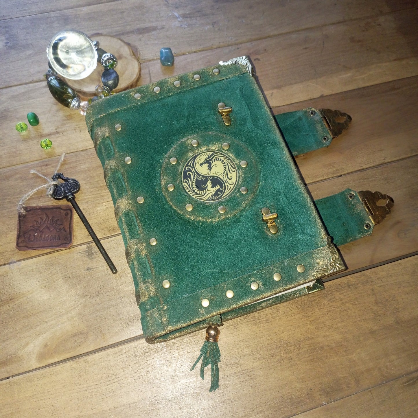Handmade Green Suede Leather Journal with Yin Yang Symbol – Vintage Aged Notebook Leather Grimoire