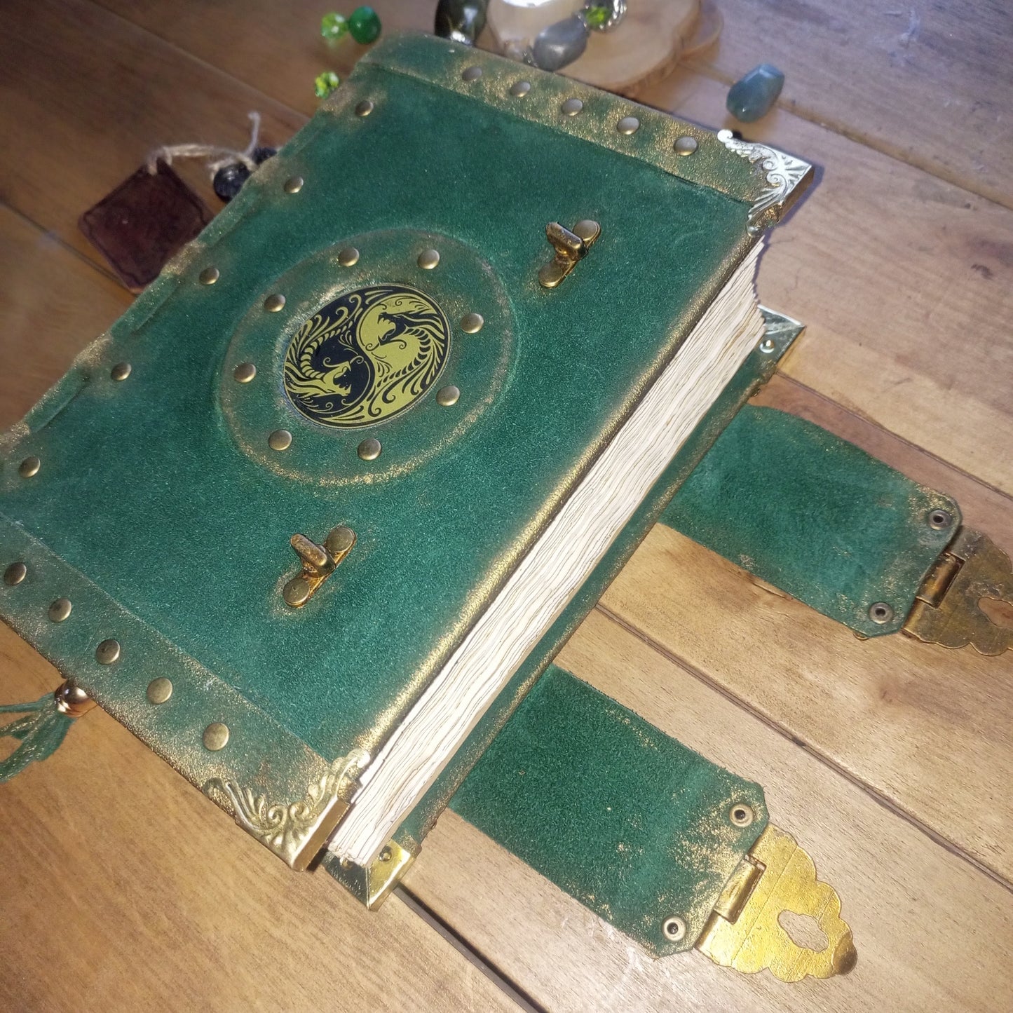 Handmade Green Suede Leather Journal with Yin Yang Symbol – Vintage Aged Notebook Leather Grimoire