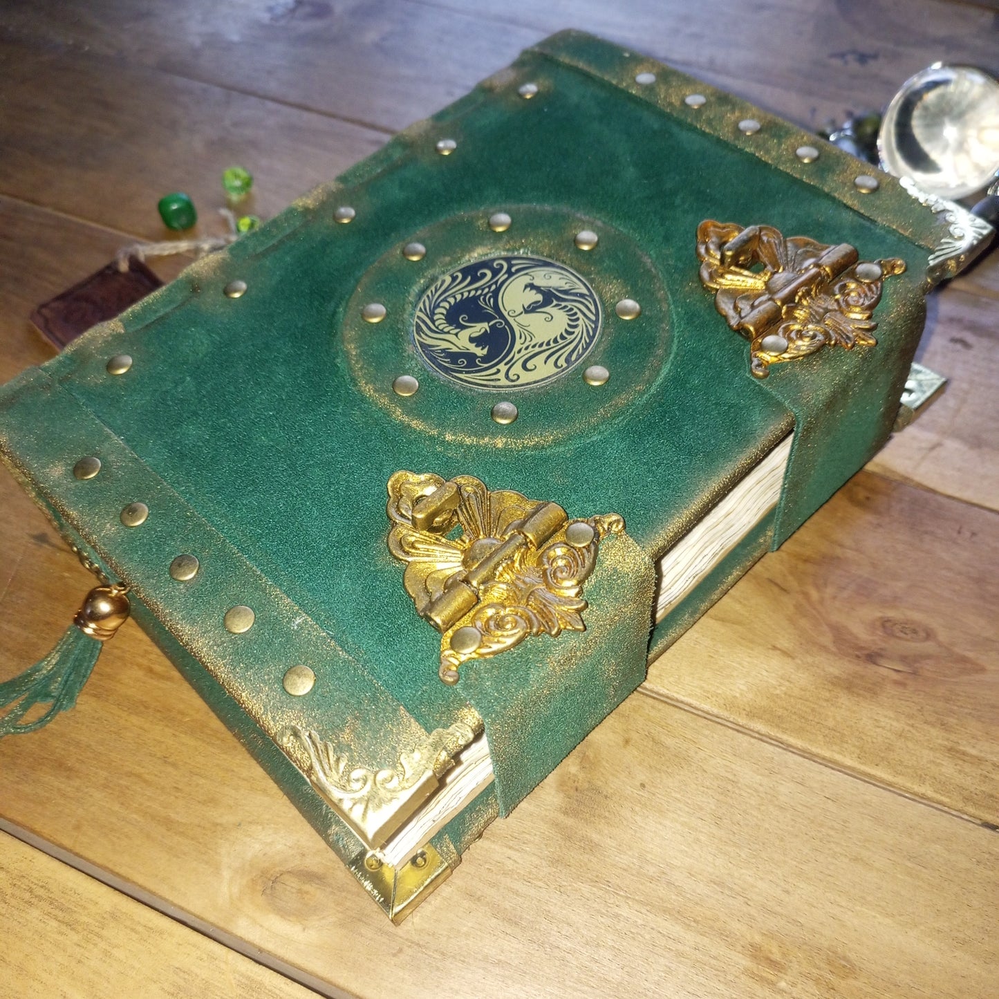 Handmade Green Suede Leather Journal with Yin Yang Symbol – Vintage Aged Notebook Leather Grimoire