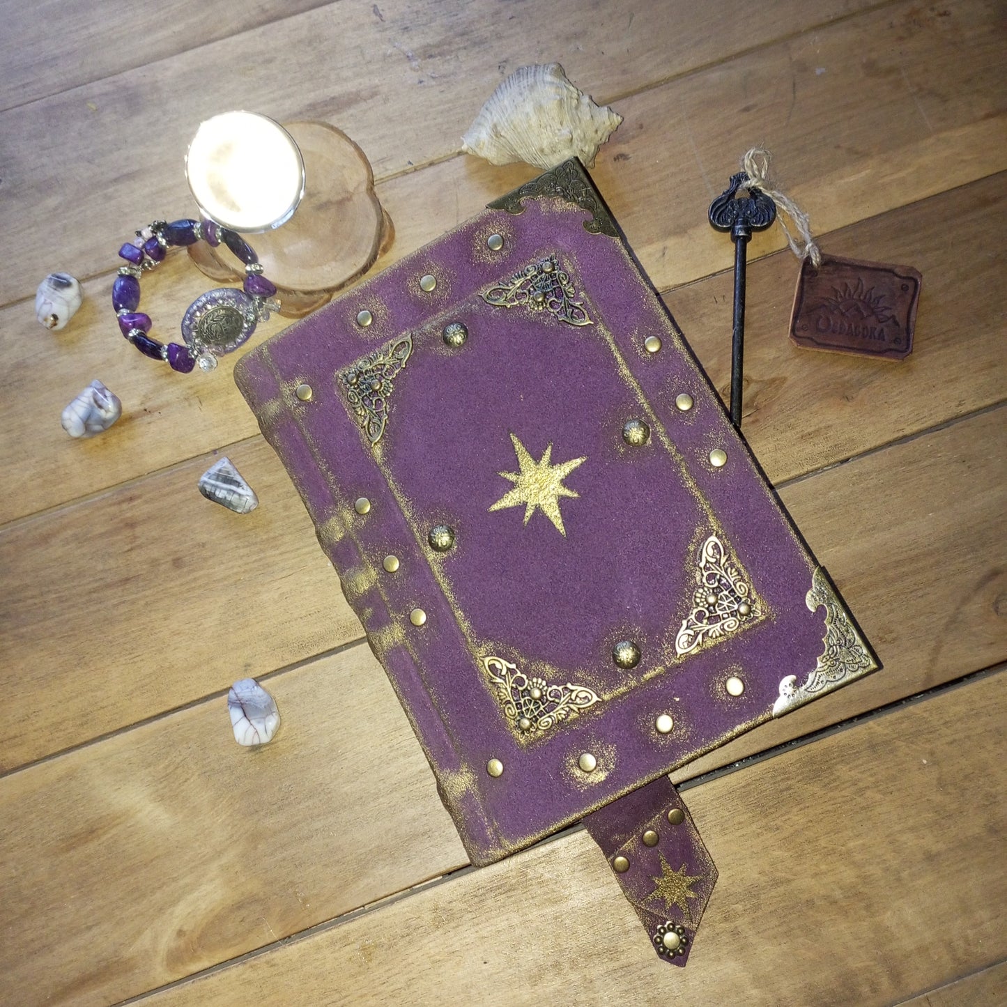 Handmade Purple Leather Journal – Celestial Star Grimoire Vintage Suede Notebook Aged Paper Sketchbook