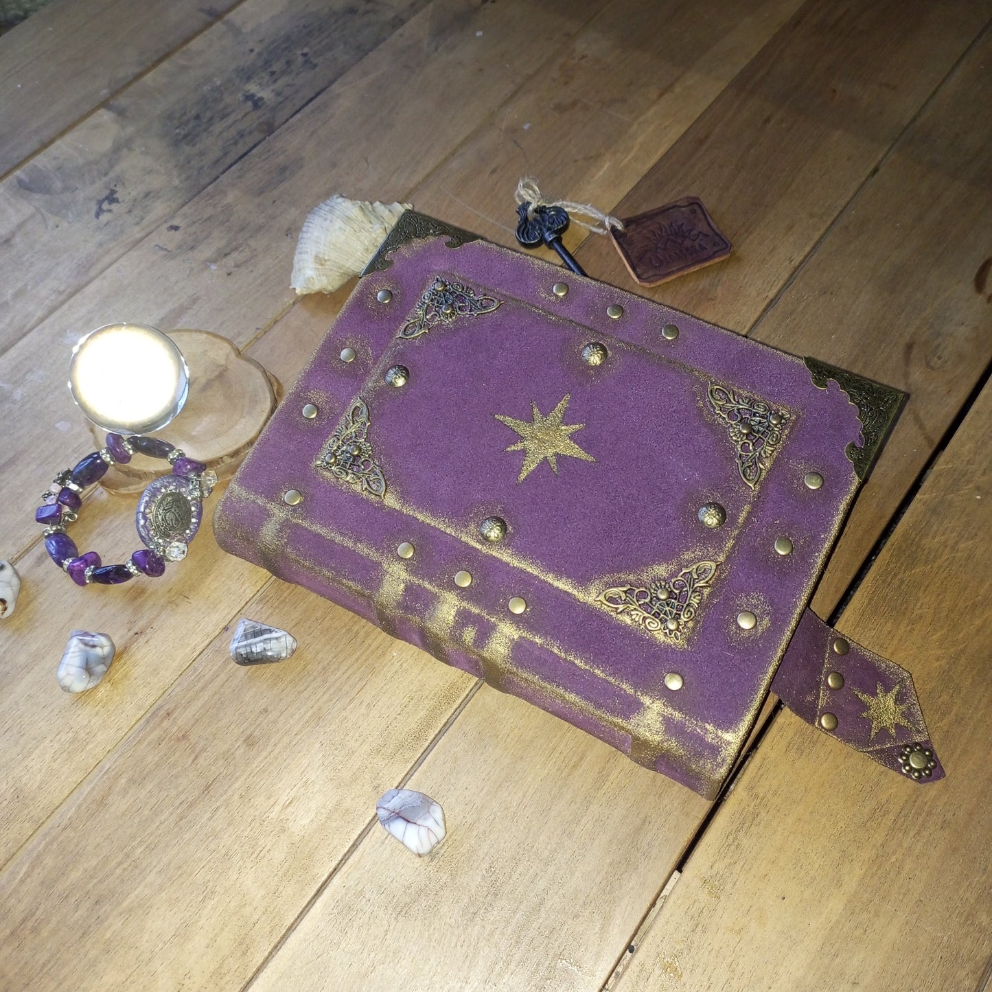 Handmade Purple Leather Journal – Celestial Star Grimoire Vintage Suede Notebook Aged Paper Sketchbook