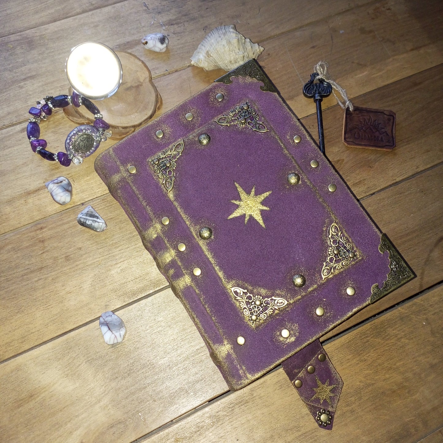 Handmade Purple Leather Journal – Celestial Star Grimoire Vintage Suede Notebook Aged Paper Sketchbook